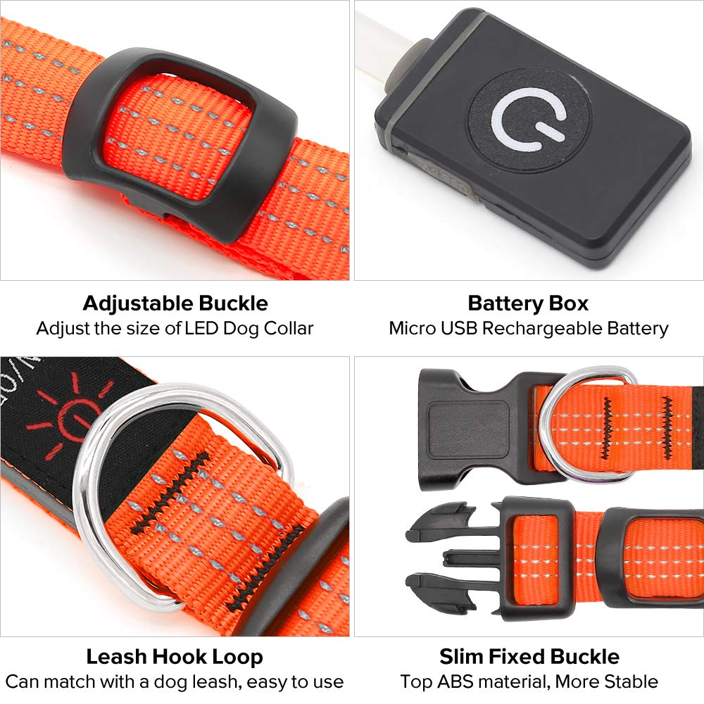 Illumifun Led Dog Collar, Usb Rechargeable Led Collar For Dogs Glow In The Dark, Reflective Light-Up Collar Make Your Dogs Safe& Seen At Night (Orangeⅲ, Small)