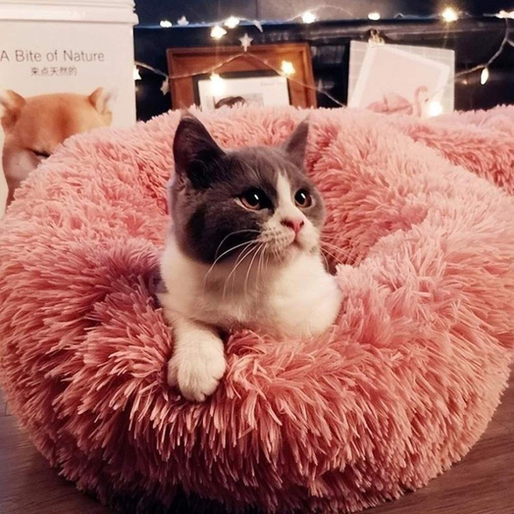 Otoez Kitten Puppy Bed Small Round Dog Cat Beds Anti Anxiety Plush Pet Calming Donut Bed With Non-Slip Waterproof Bottom, Washab