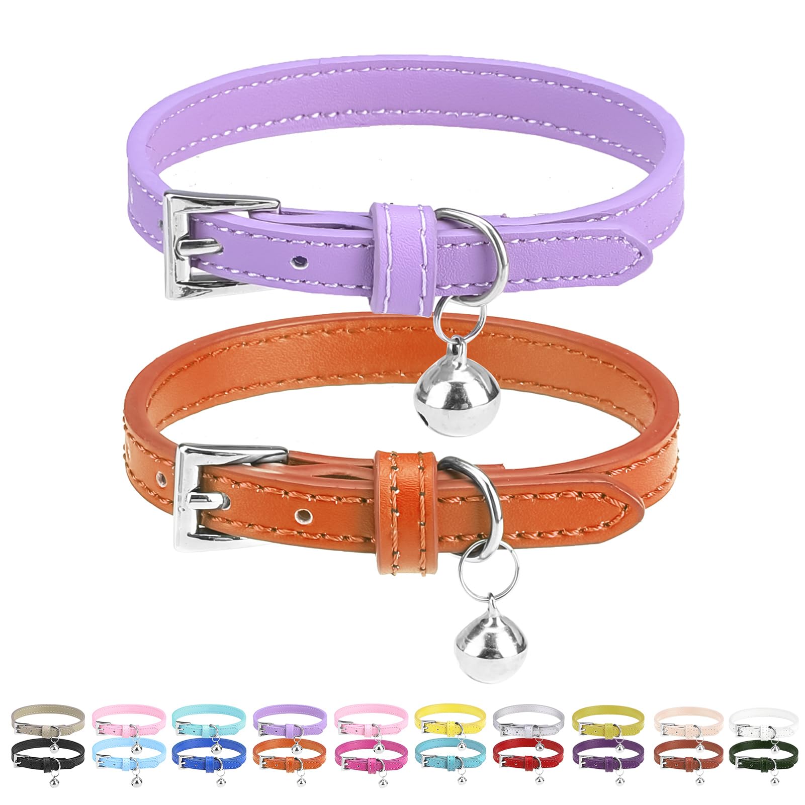 Pupteck 2 Pcs Soft Leather Cat Kitten Collar With Bells Adjustable For Girl Boy Cats Puppy - Orange, Purple