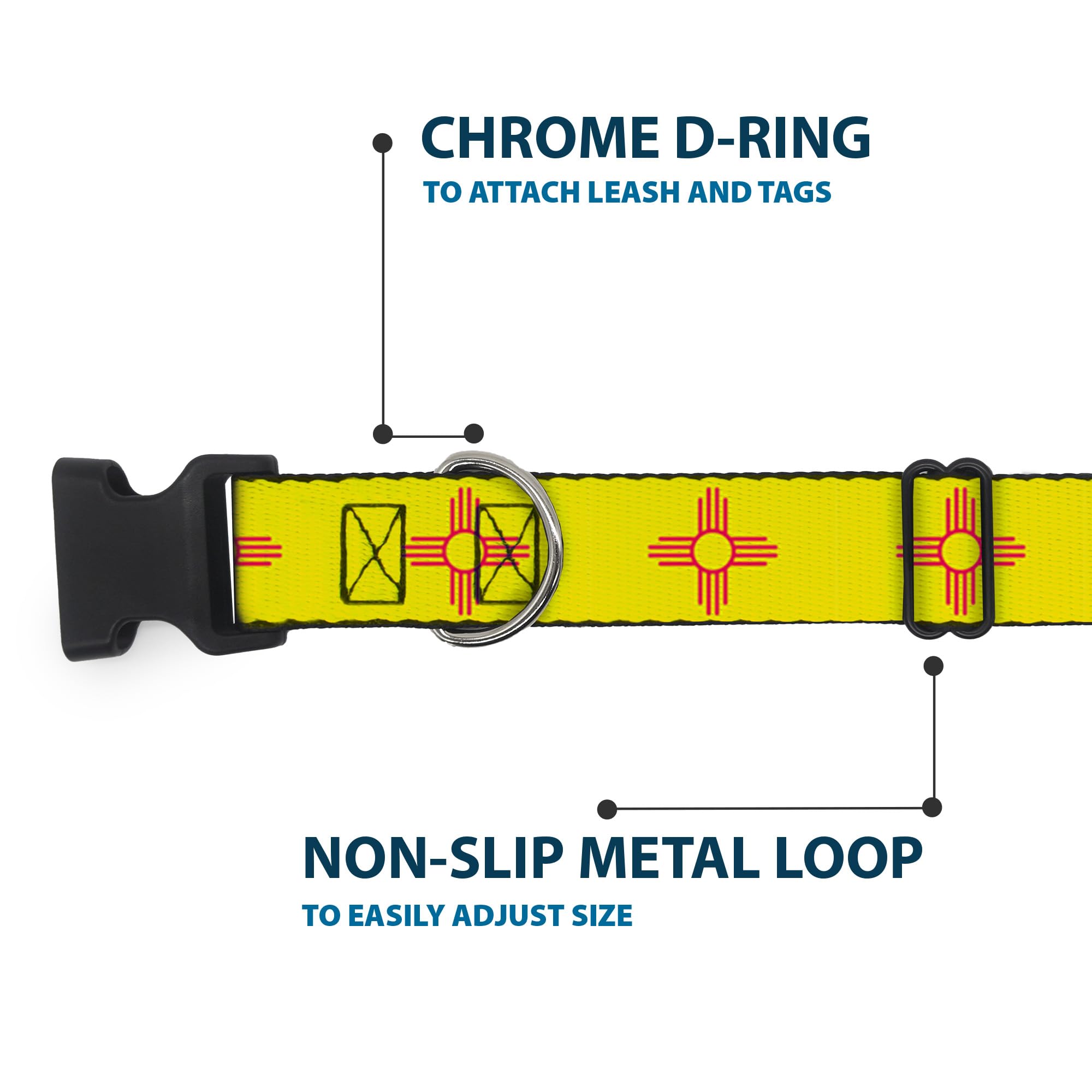 Buckle-Down Dog Collar Plastic Clip New Mexico Flag Yellow Red 8 To 12 Inches 0.5 Inch Wide