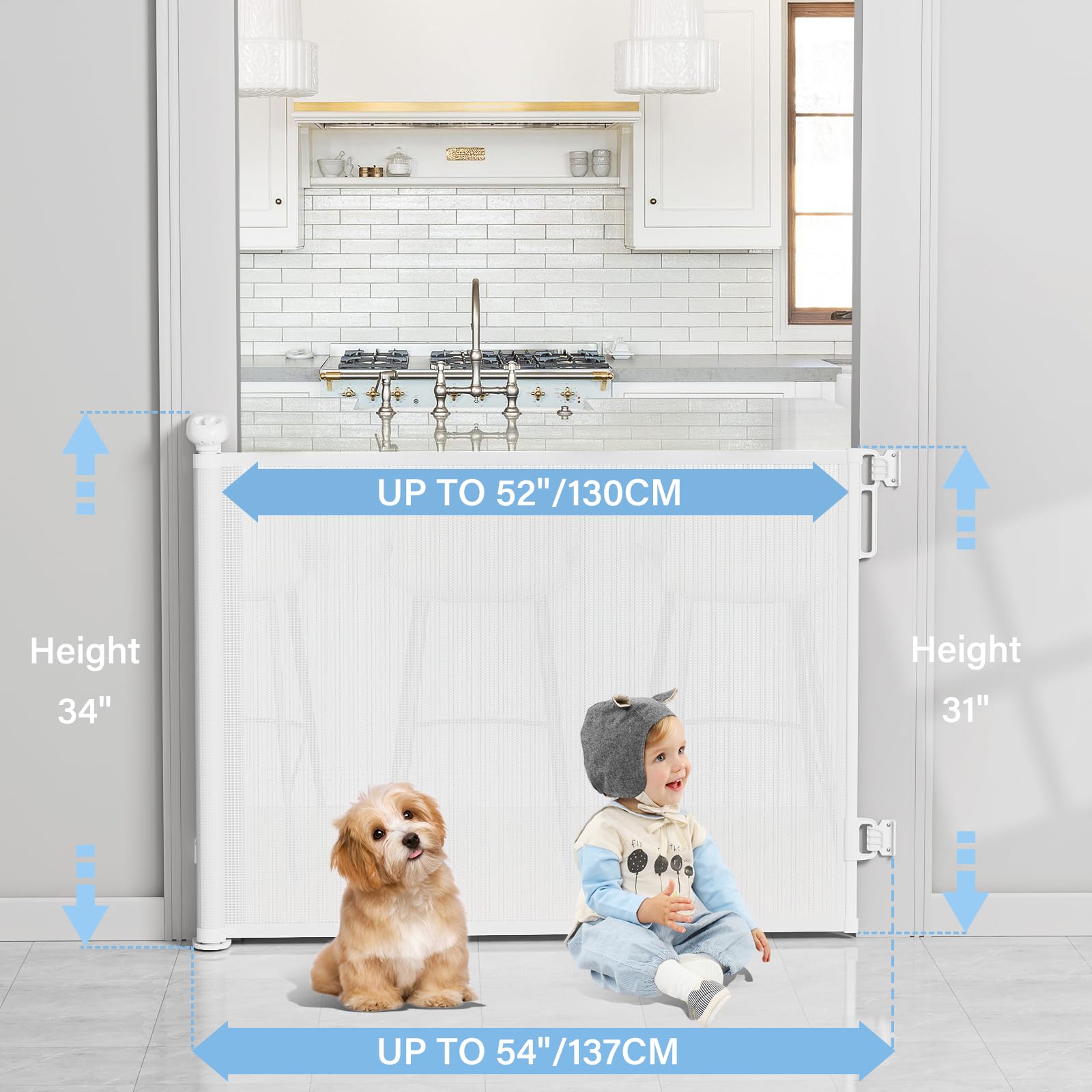 Probebi Retractable Baby & Dog Gate - Extends To 54' Wide, 34' Tall - Stair, Doorway & Hallway Use