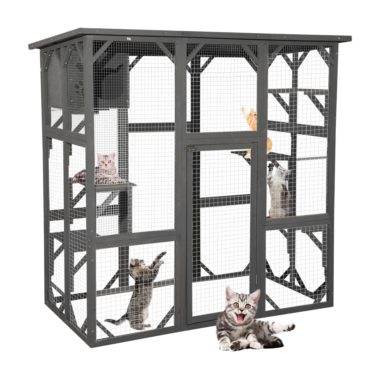 Titimo Catio Outdoor Cat Enclosure Large Wooden Outdoor Cat House With Small House, Cat Cage With 6 Platforms And Weather Protection (Gray,63' X 31.1' X 59.33')