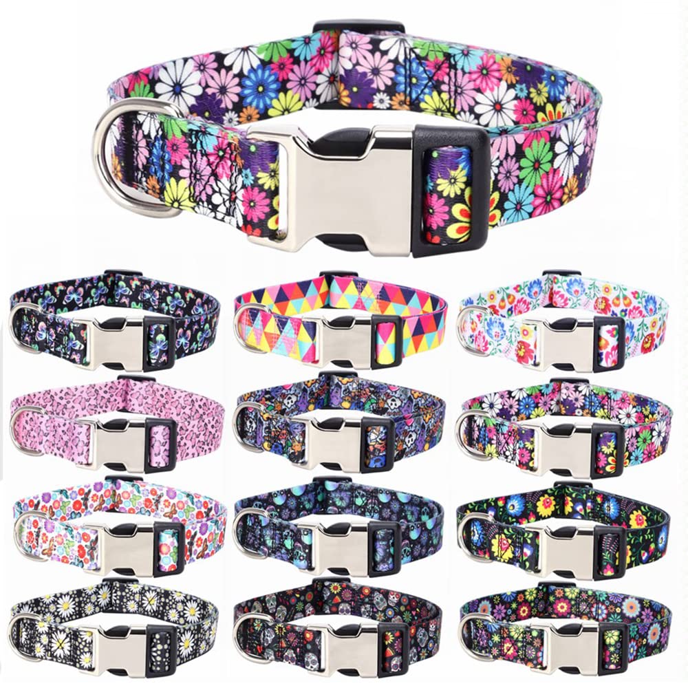 Colorful Flower Dog Collars For Medium Dogs, Pretty Pattern Print Floral Dog Collar Metal Buckle Durable Soft Female Dog Collars