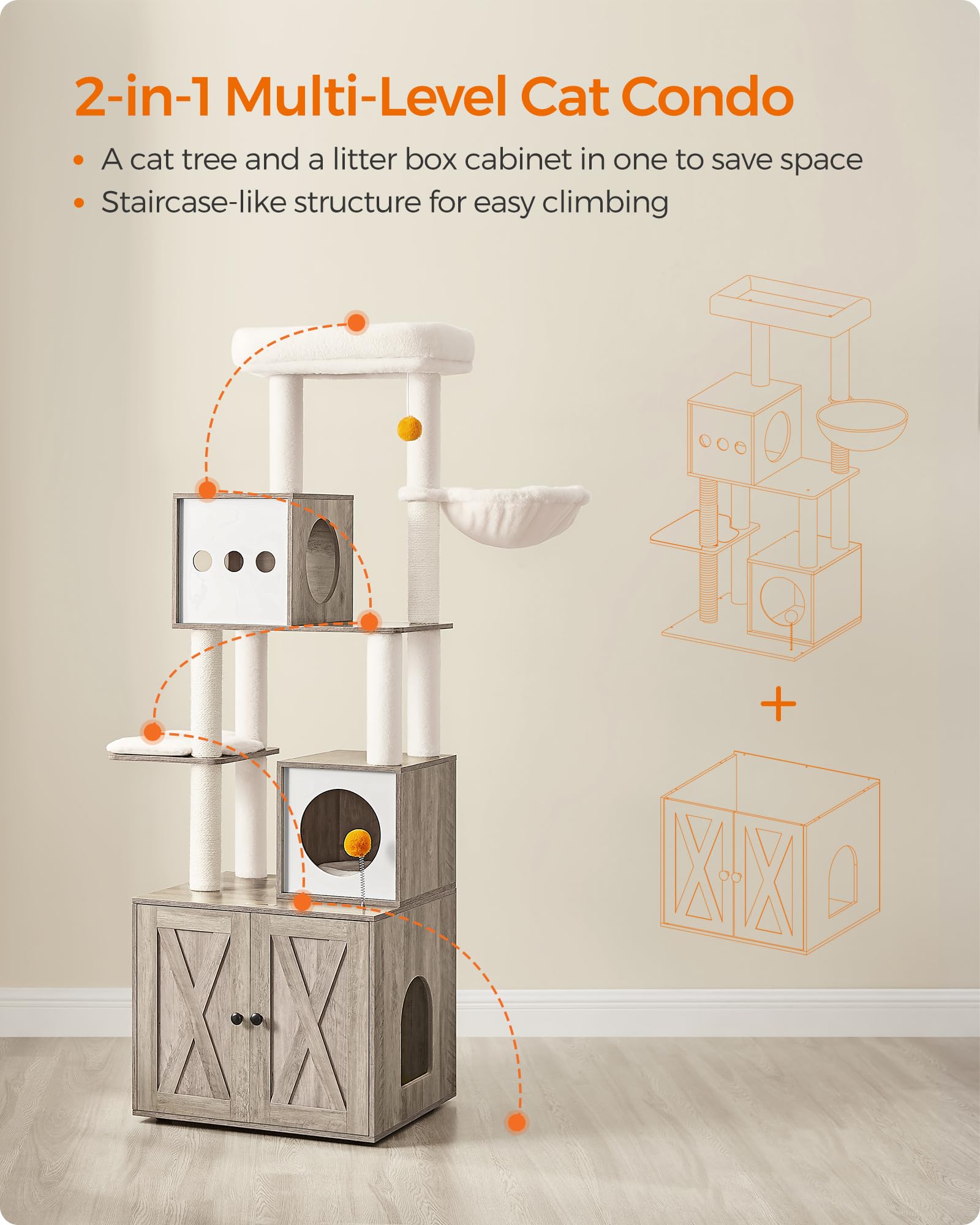 Feandrea Cat Tree with Litter Box Enclosure, 70.8" Tall Condo, Heather Greige, Model UPCT116G01, Plush & Sisal Material
