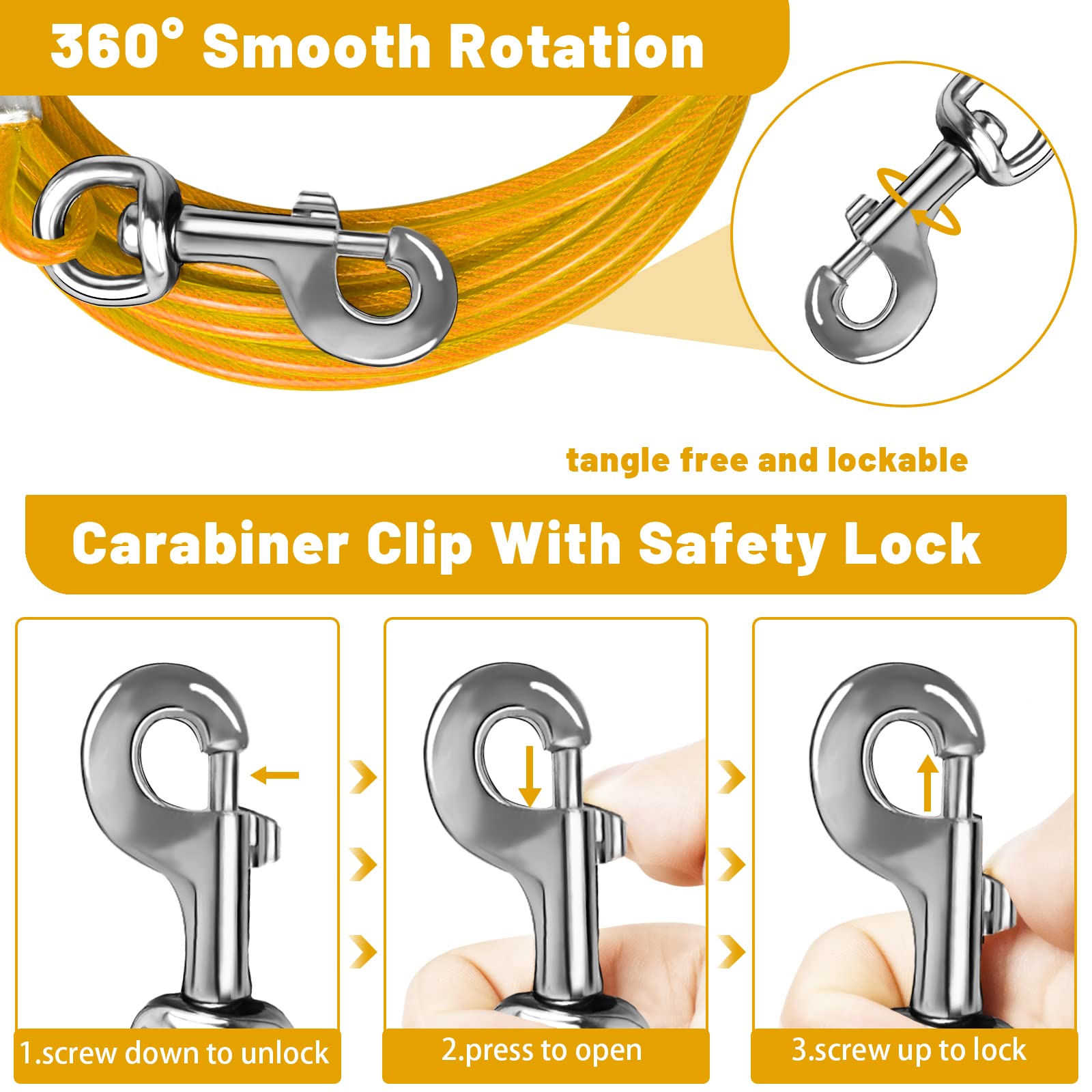 Haiyuan Dog Tie Out Cable 10/15/20/25/30 Ft Runner For Yard Steel Wire Cable With Durable Superior Clips Yellow Chains For Outsi