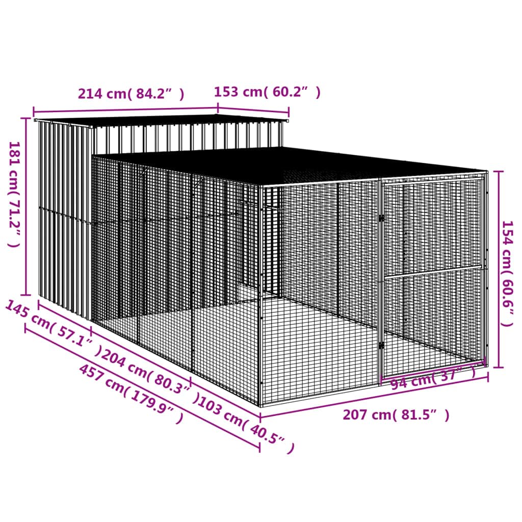 vidaXL Dog House with Run Anthracite 84.3x179.9x71.3 Galvanized Steel
