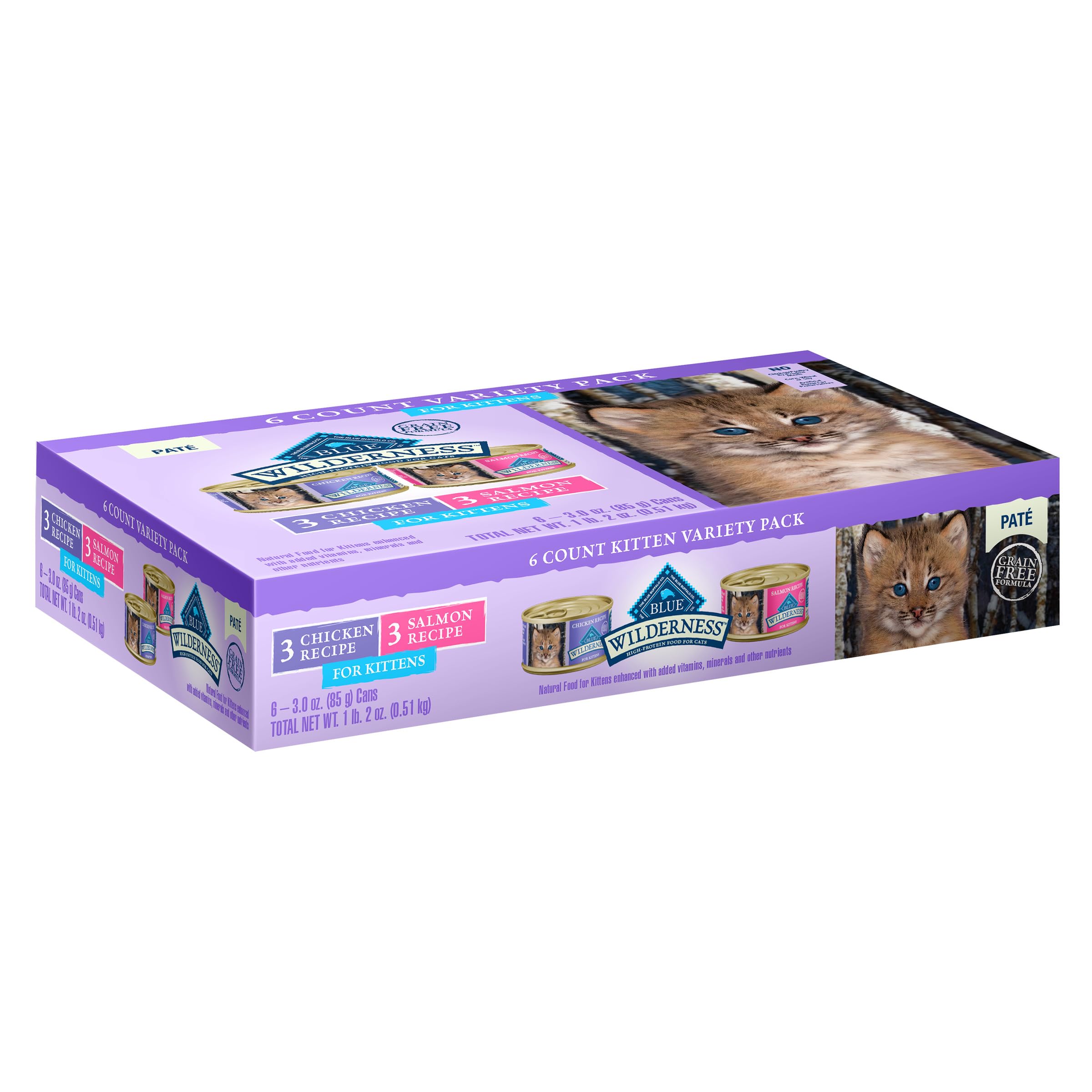 Blue Buffalo Wilderness High Protein Grain Free, Natural Kitten Pate Wet Cat Food Variety Pack, Chicken, Salmon 3-oz (6 Count- 3