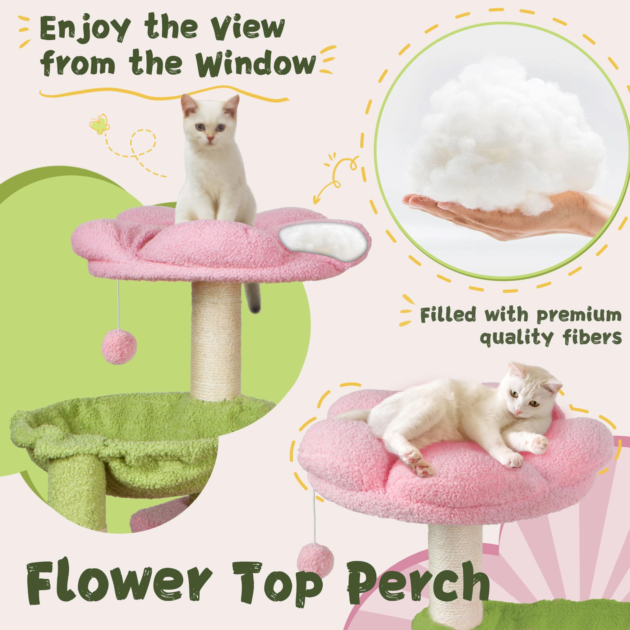 Fantasreen Cat Tree 43'' Cute Cat Tower Flower Cat Trees For Indoor Cat Condo With Hanging Toys Pink Large Top Perch For Kittens