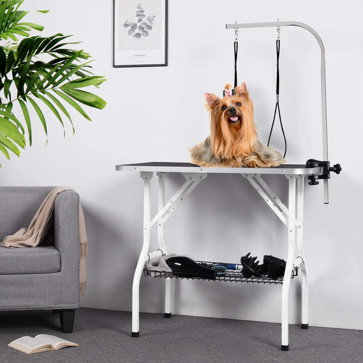 Costoffs Foldable Pet Dog Grooming Table With Basket Adjustable Arm Double Tether Salon Table For Small Medium Dogs/Cats 160Cm High Black