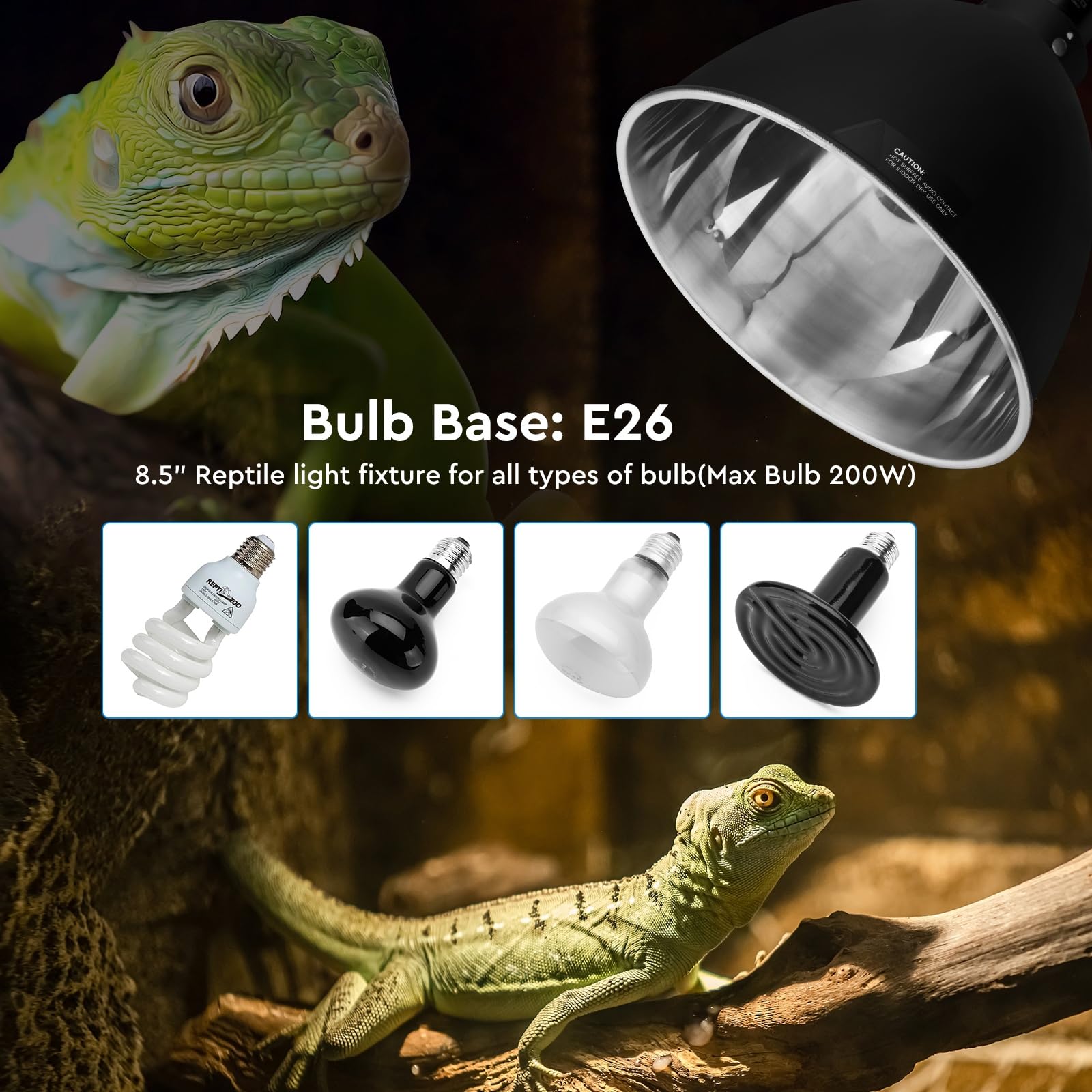 Reptitrip Deep Dome Reptile Light Fixture 8.5'', Reptile Heat Lamp Max 200W, Reptile Tank Lighting Fixtures, Fixture For Uvb Rep