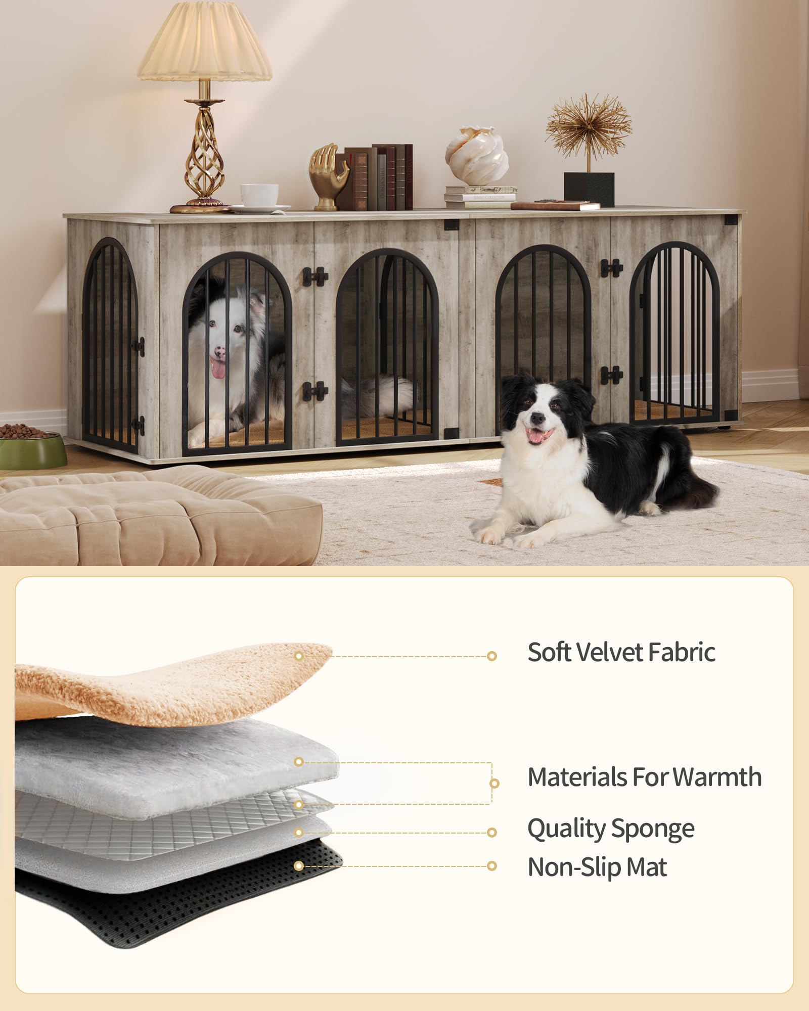 Hzuaneri 70.9 Dog Crate Furniture for 2 Dogs, Heavy Duty Indoor Dog Kennel TV Stand, XXL Wooden Dog Cage with Divider for Medium
