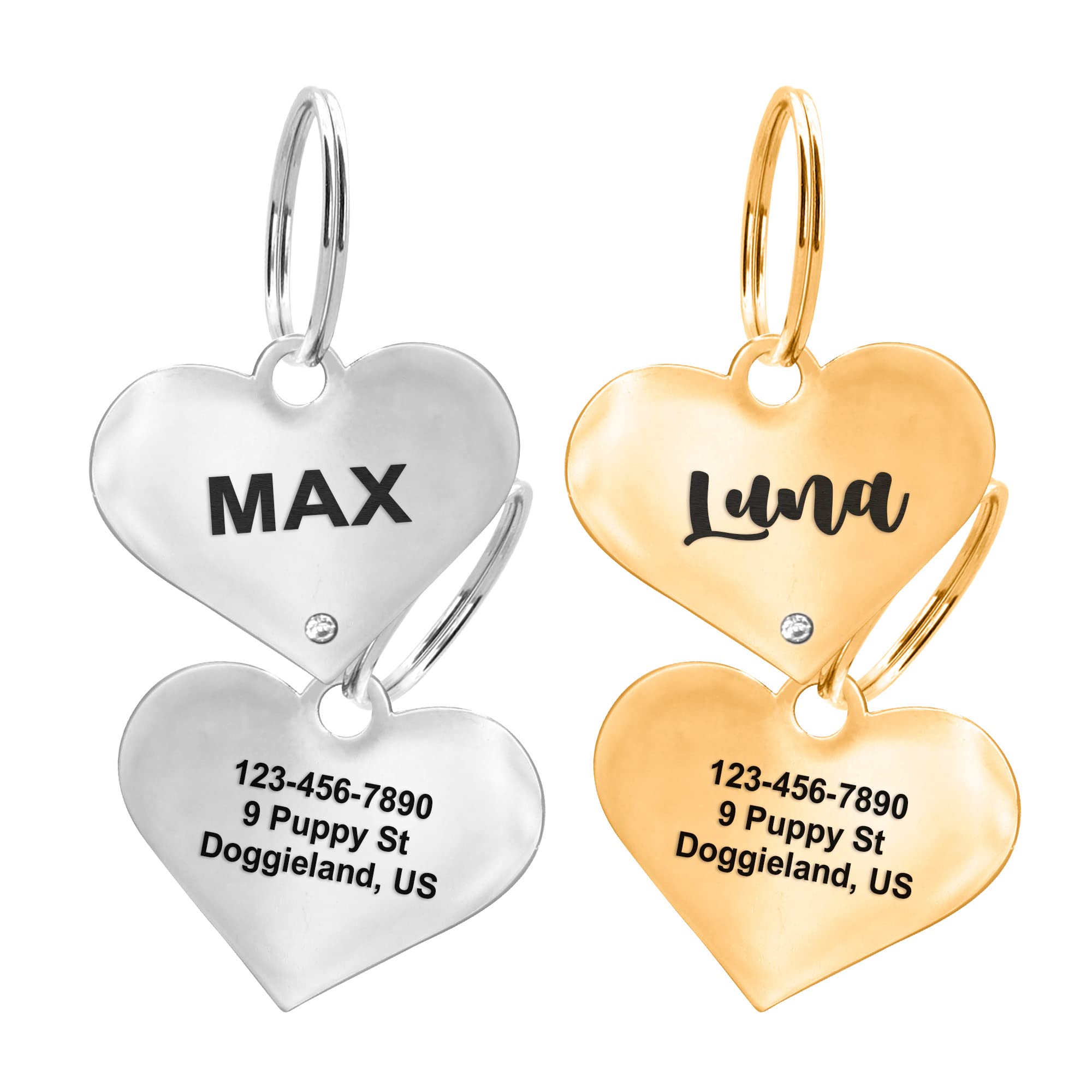 Custom Heart Shape Pet Tag Id, Personalized Gold & Silver Crystal Cute Shiny Safety Lost Collar Tag For Boy & Girl Dogs Puppies 