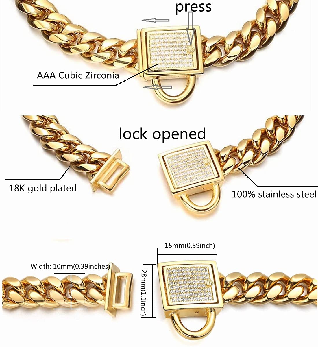 Gold Dog Chain Collar 10Mm Wide Cuban Link Puppy Collar 316L Stainless Steel With Cz Diamond Lock Bling Collar For Medium Dogs(1