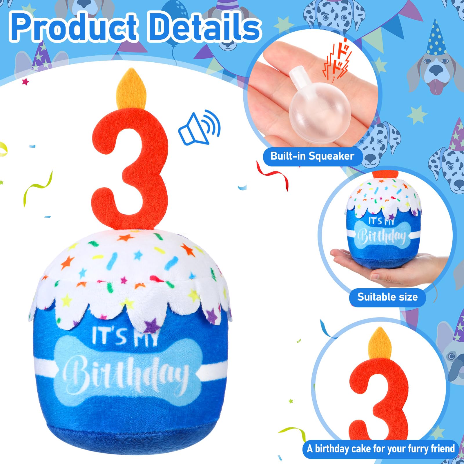 Dansydaisy Dog 3Rd Birthday Cake Toy Accessories For Girl Boy Gifts, Blue Squeaky Plush Toy For Dog Birthday Party Decor Favor F