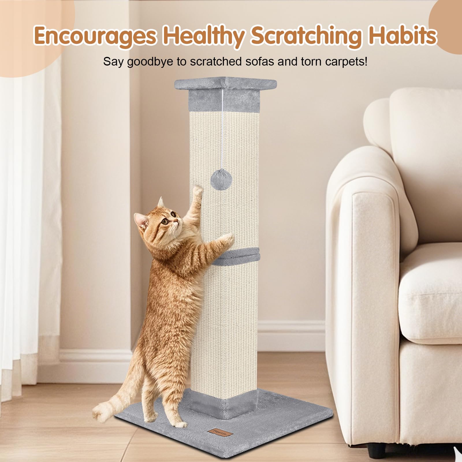 Cat Scratching Post 33 Inch For Indoor Cats, High Cat Scratch Post Brown, Cat Tree For Full-Body Stretching, Protect Your Furnit