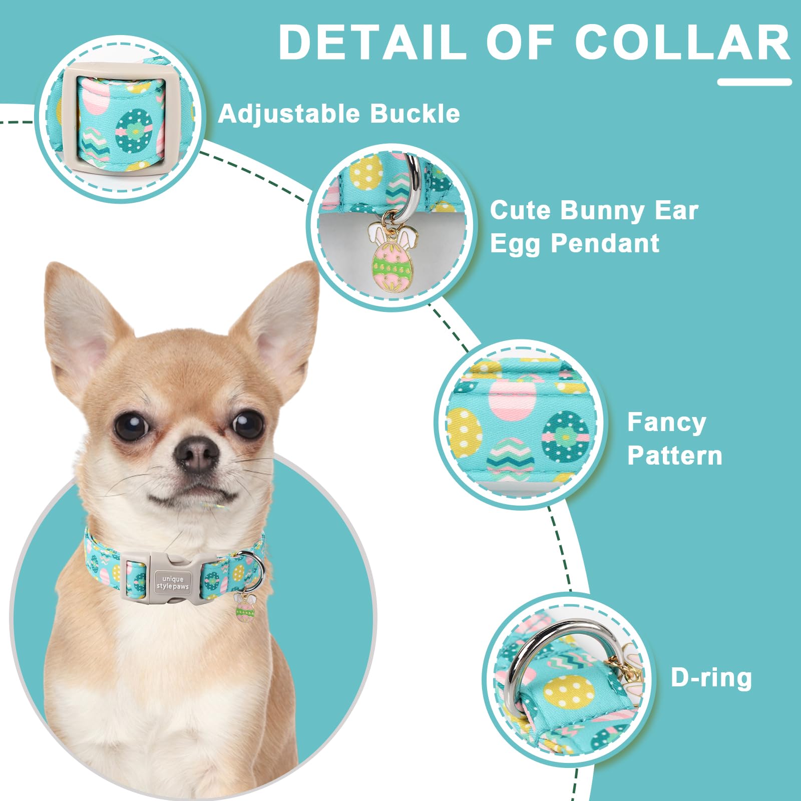 Unique Style Paws Blue Egg Dog Collar, Cotton, Adjustable, Large, Medium, Small, Quick Release Buckle, Easter Pattern