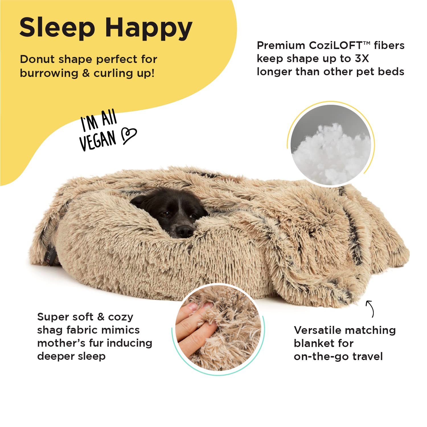 Best Friends by Sheri Calming Shag Donut Cuddler Bed + Pet Blanket Set, Taupe, Extra Medium 30"x30", Long Shag Fur