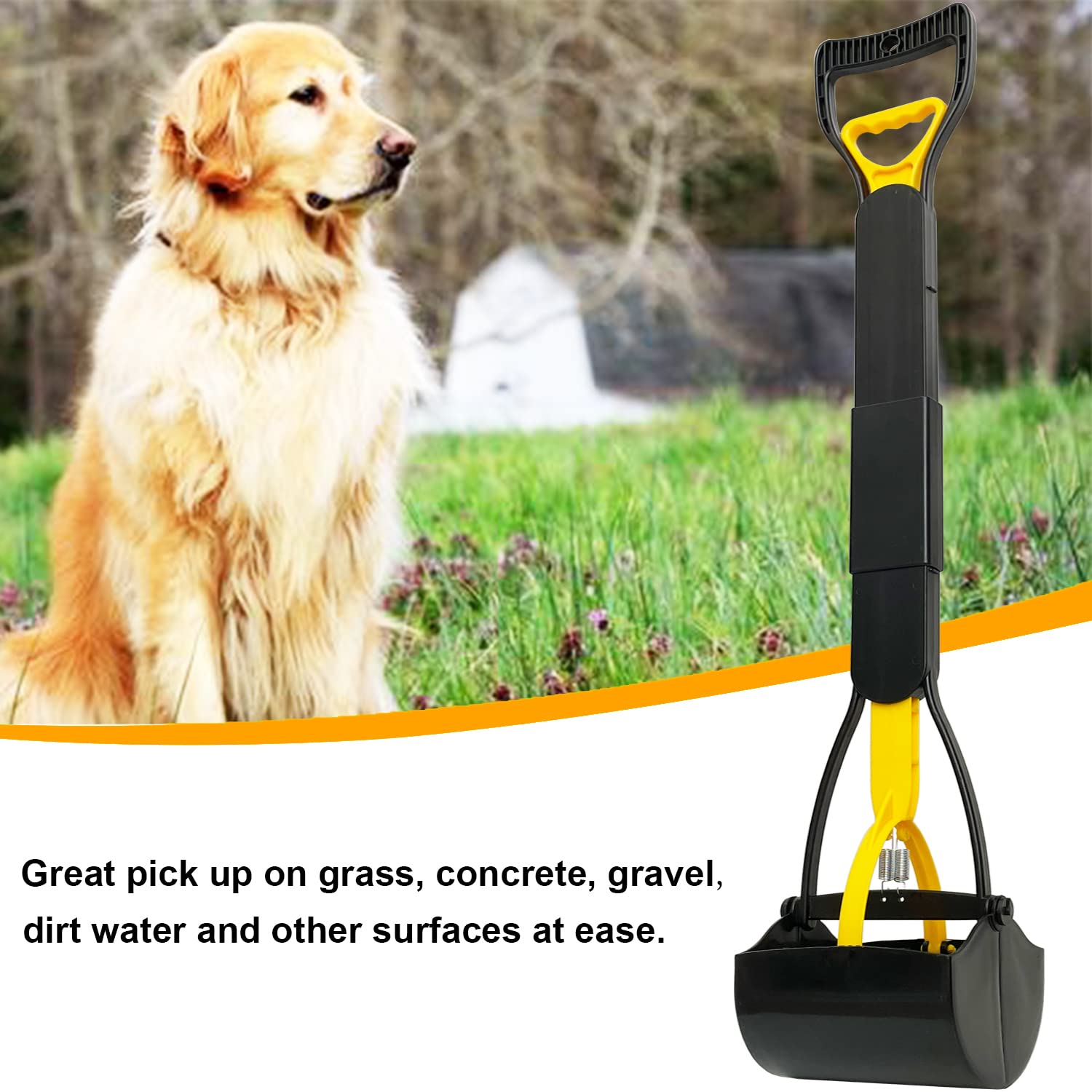 ienjoyed 32 Tall Pooper Scooper for Dogs - Heavy Duty, Long Handle, Durable Spring, Foldable, Yellow