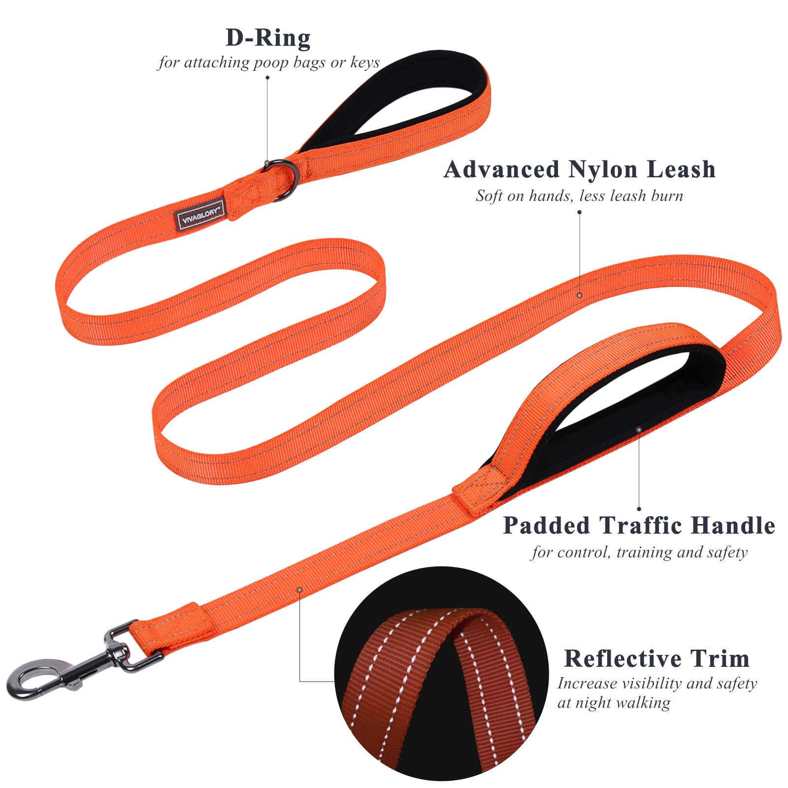Vivaglory Dog Leash With Two Padded Handles, Heavy Duty 6Ft Reflective Nylon Traffic Leash Training Walking Lead With For Mediun Large Breed Dogs, Orange