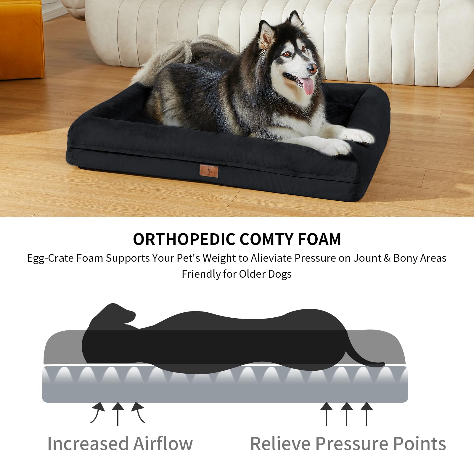 Yiruka Xlarge Dog Bed, Black Orthopedic Dog Bed, Waterproof Dog Bed With Removable Cover, 4-Sides Removable Bolster Dog Soft Sofa Bed With Nonskid Bottom, Washable Dog Beds For Large Dogs