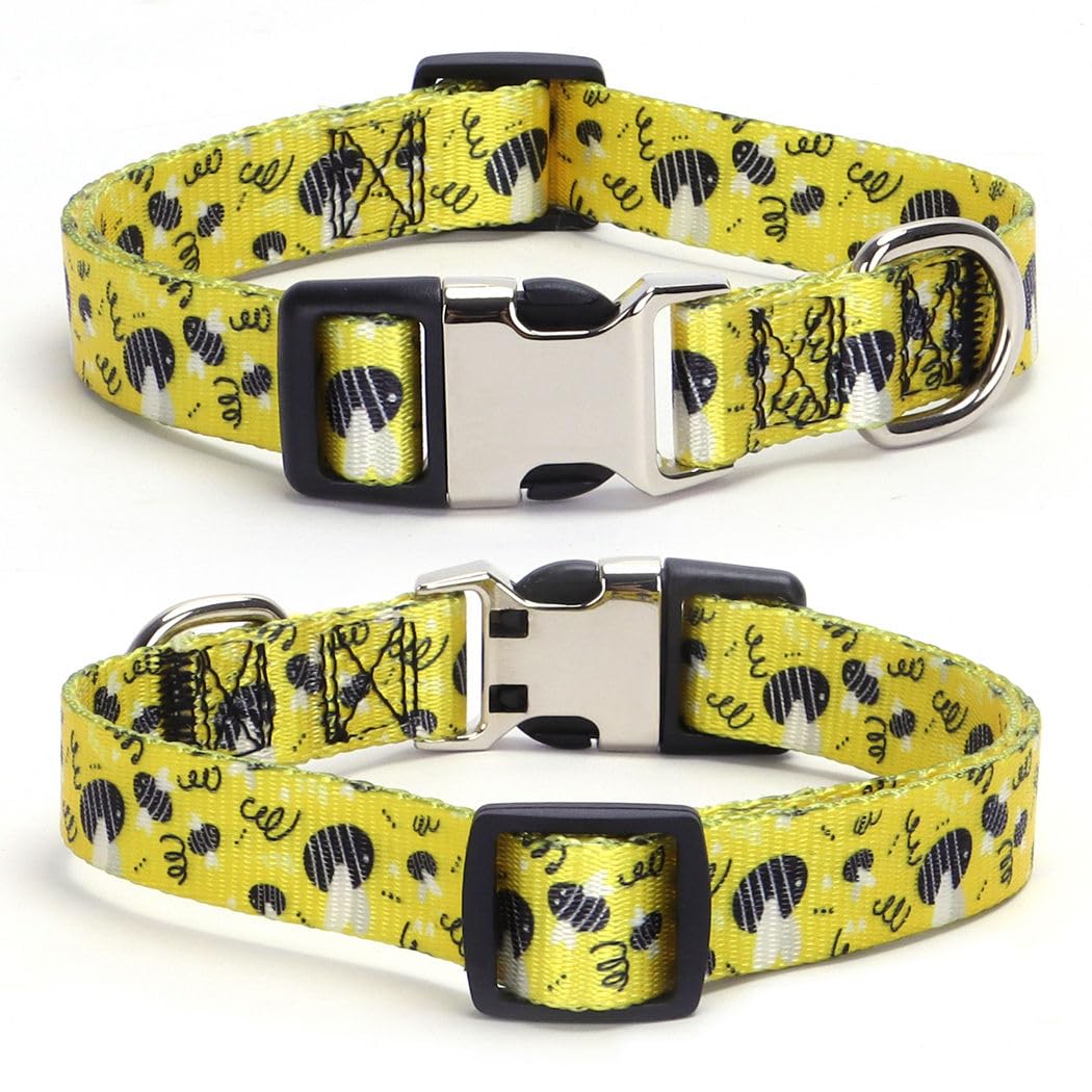 Yellow Dog Collars For Large Dogs, Pretty Pattern Bumble Bee Dog Collar Metal Buckle Durable Soft Boy Puppy Collars For Xsmall S