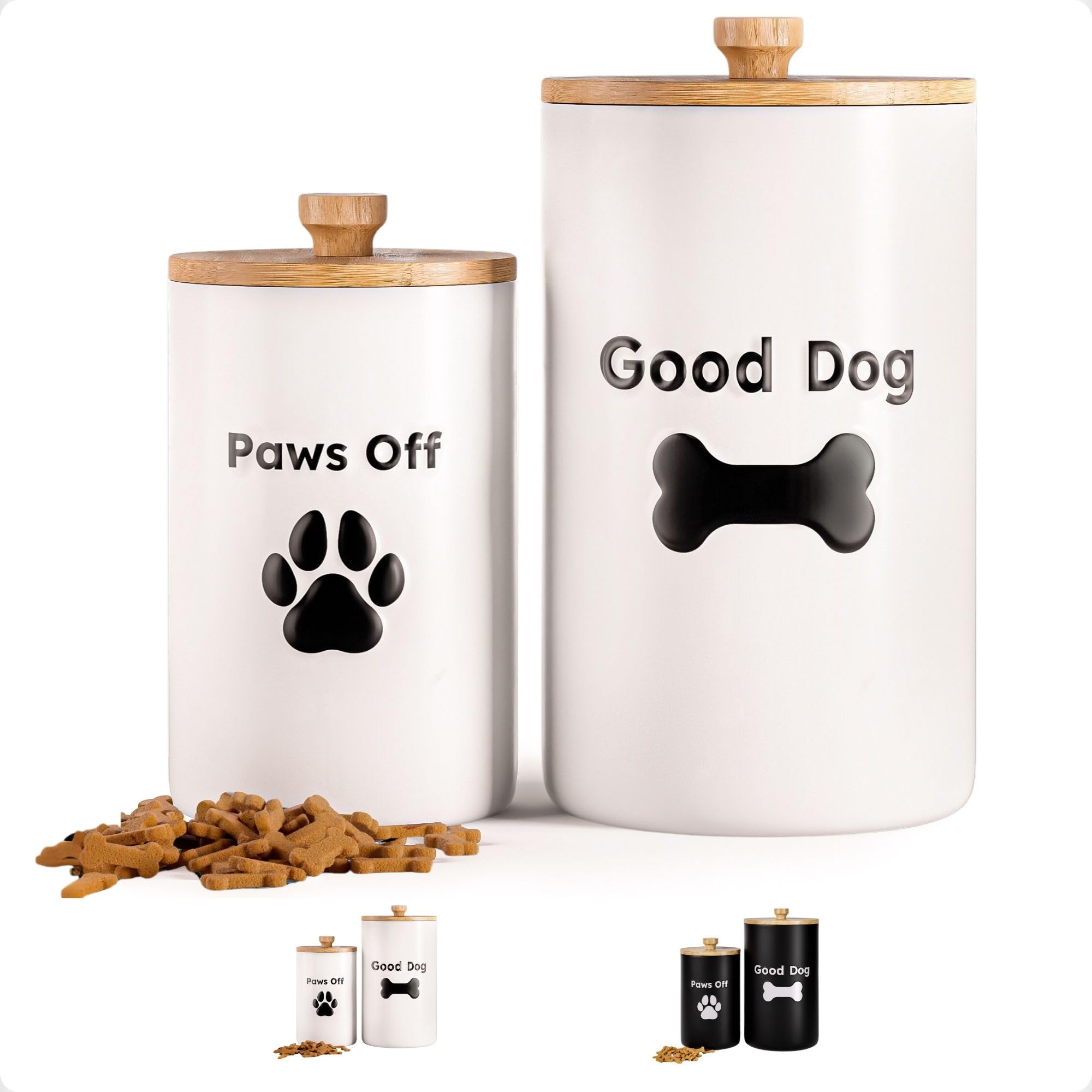 Dog Treat Container Airtight Set of 2 - 9x5 & 7x4 inch Ceramic Dog Treat Jars for Kitchen Counter with Airtight Lids - 11 Cup Ca