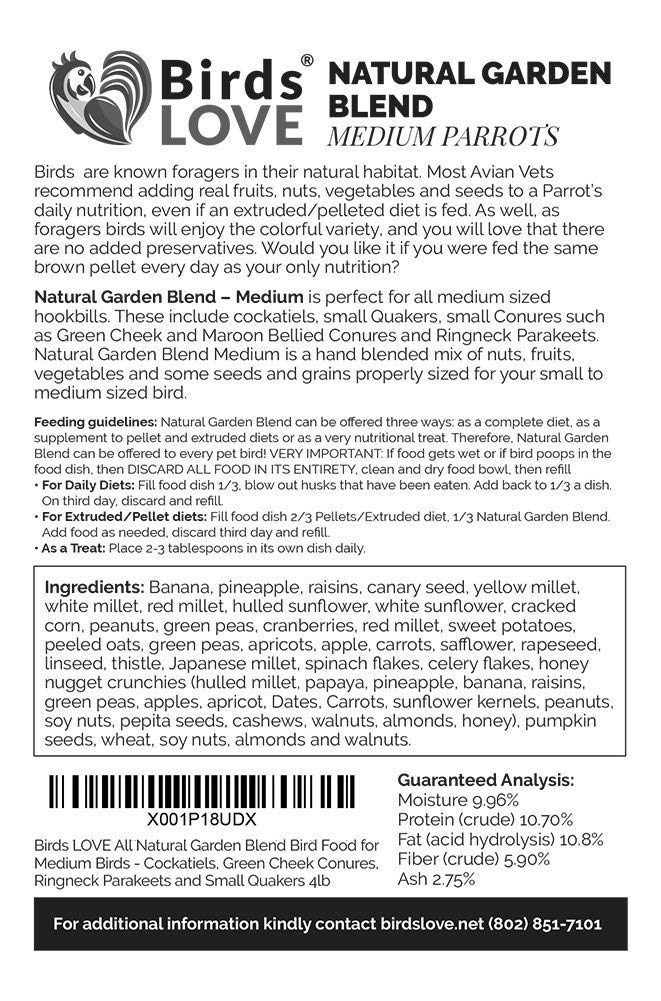 Birds LOVE All Natural Garden Blend Bird Food for Medium Birds - Cockatiels, Green Cheek Conures, Ringneck Parakeets and Small Q