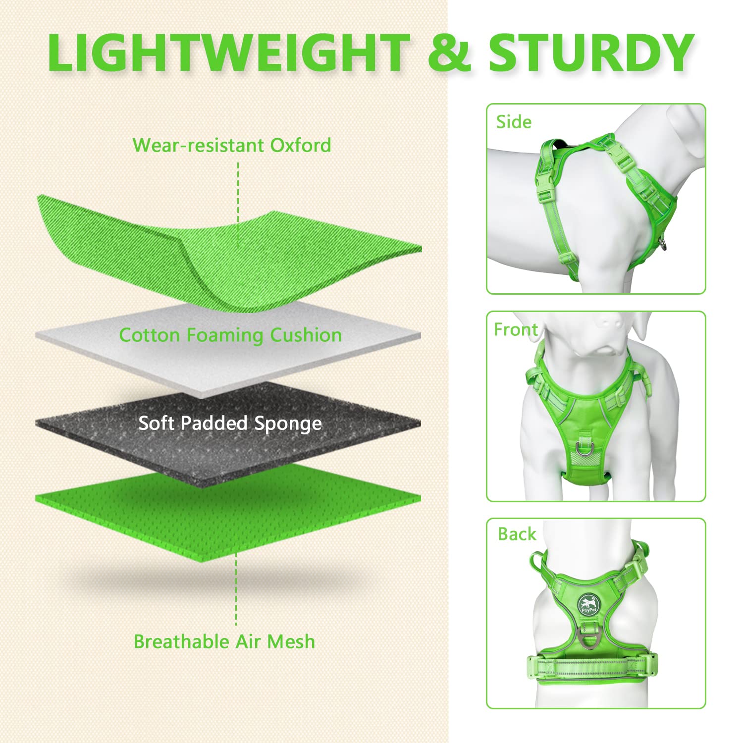 Poypet No Pull Dog Harness, No Choke Reflective Dog Vest, Adjustable Pet Harnesses With Easy Control Padded Handle For Small Medium Large Dogs(Green Matching Trim,L)