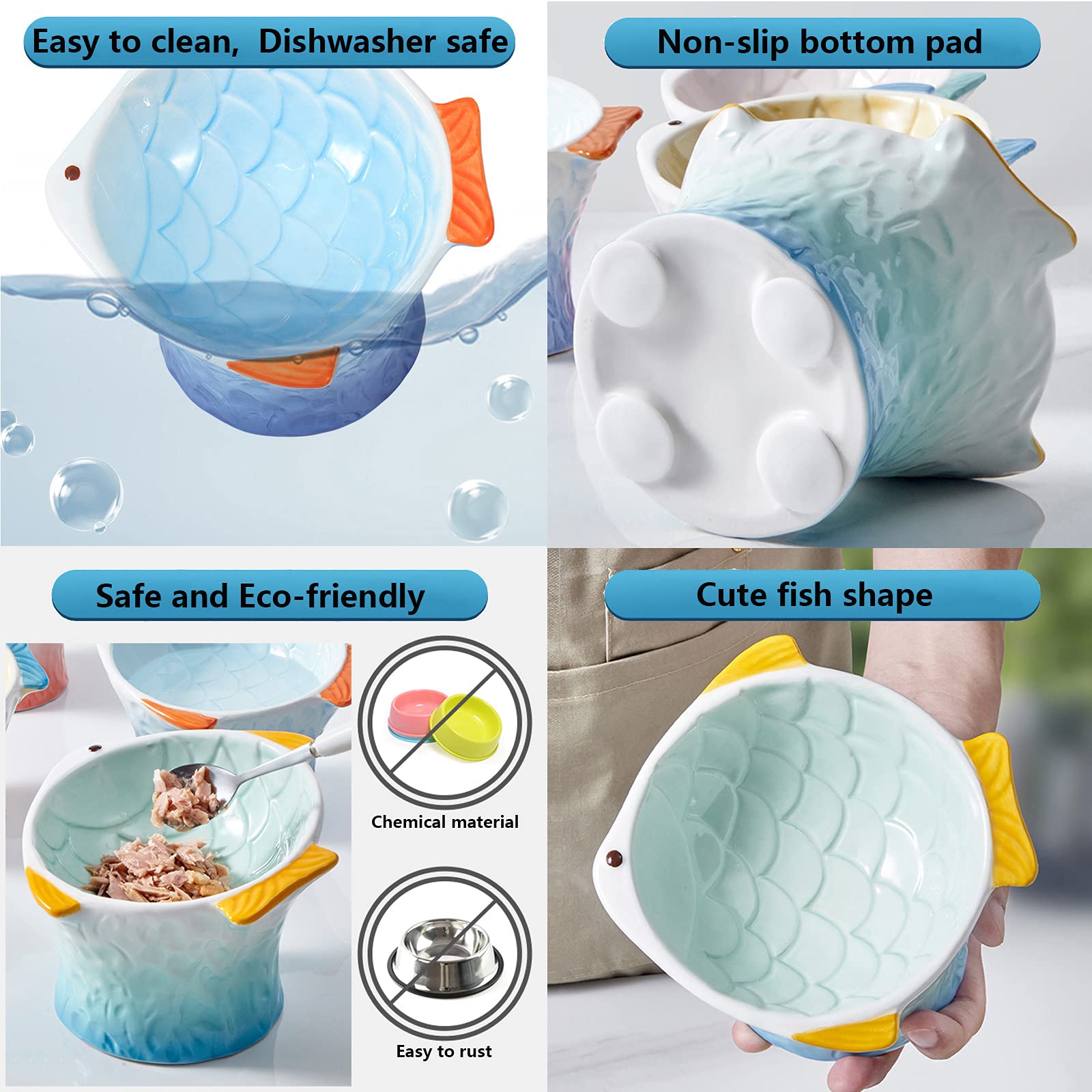 Raised Tilted Ceramic Cat Food Bowl - Cute Fish Shape Elevated Slanted Shallow Angled Cat Dish - Personalized Pet Feeder for Kit