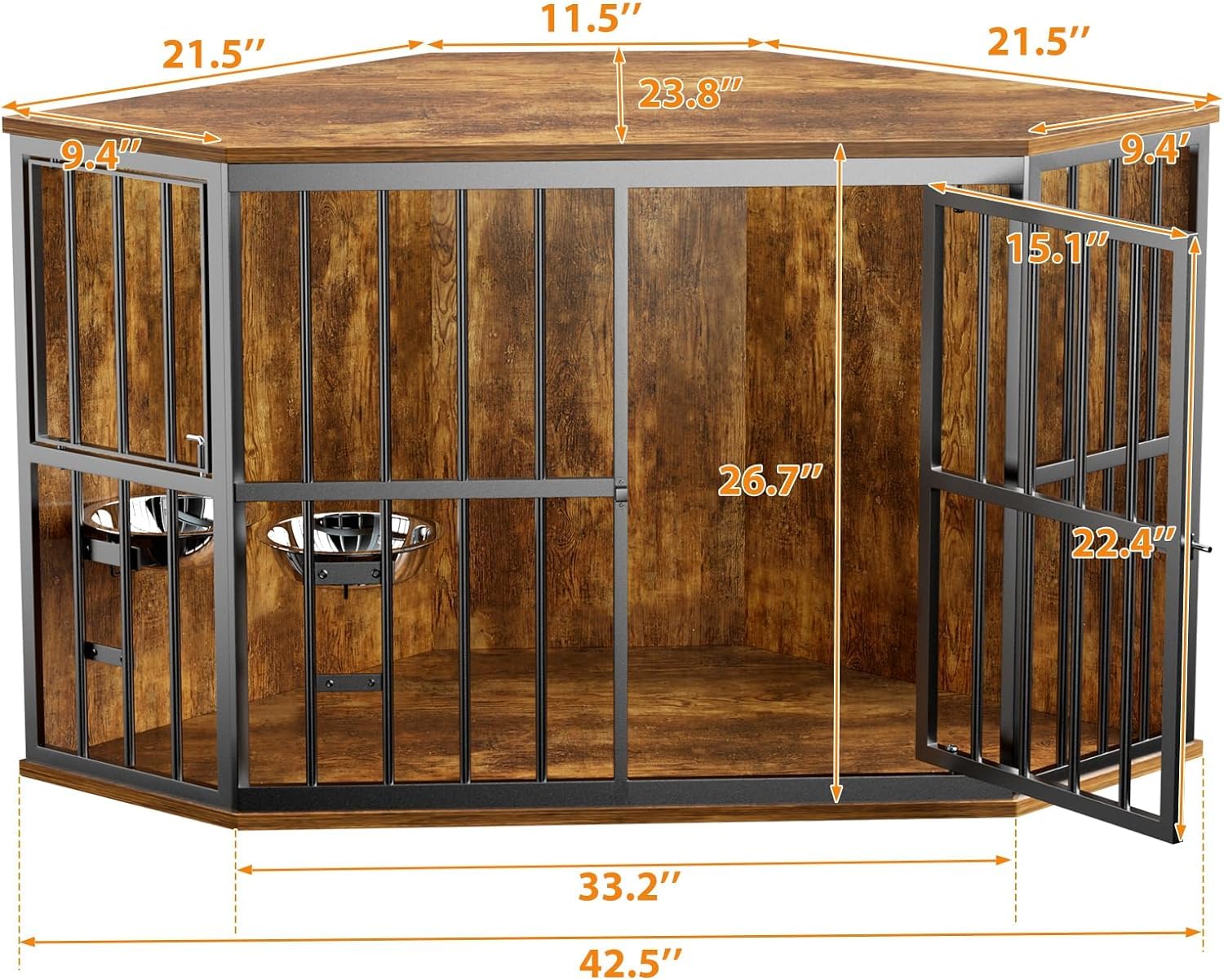ROOMTEC 42 inch Furniture Dog Crate Corner, Dog Kennel Corner Wooden End Table with Bowl, Indoor Pet Crates Corner Side Table fo