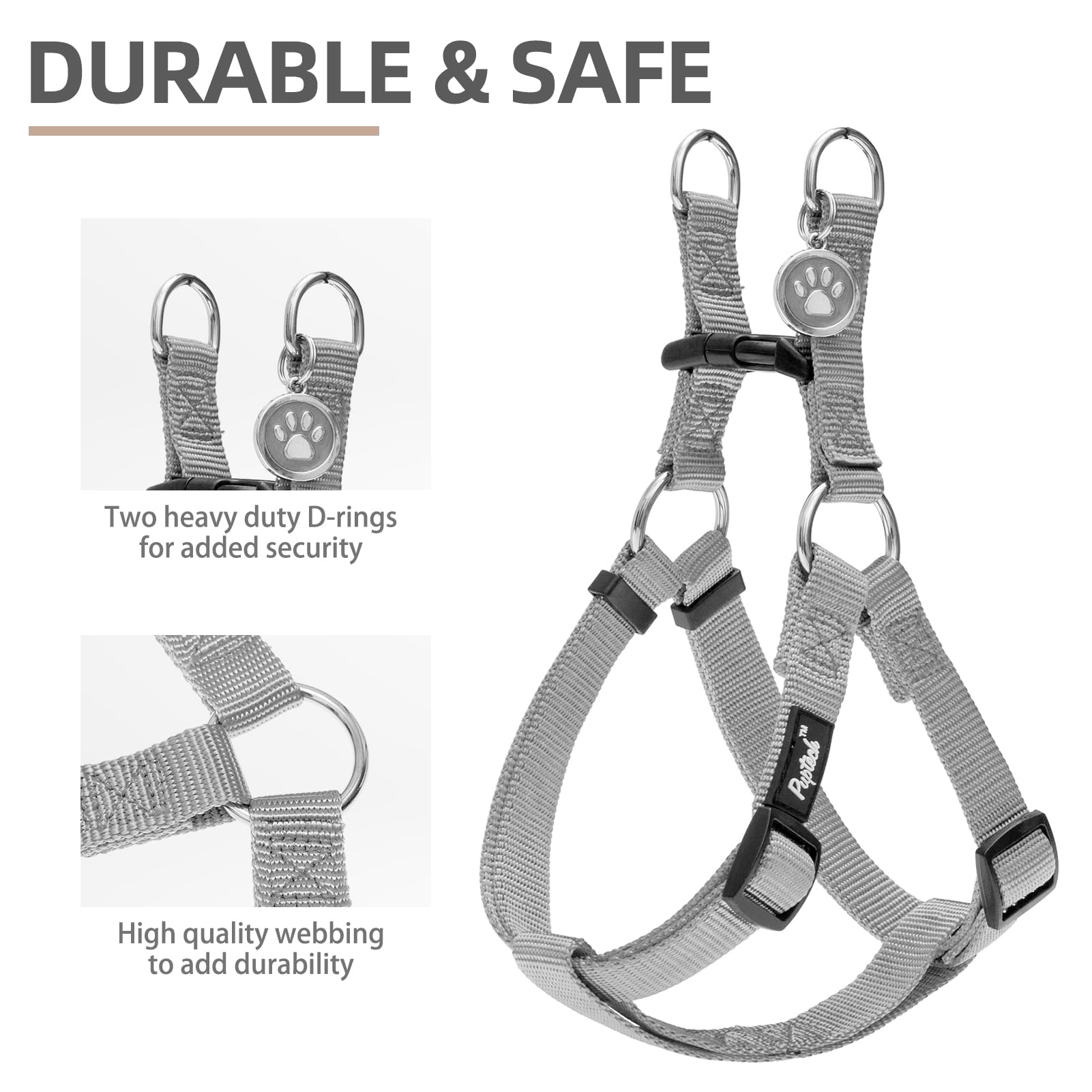 Pupteck No Pull Dog Harness Soft Adjustable Basic Nylon Step In Puppy Vest Outdoor Walking With Id Tag, Grey, S