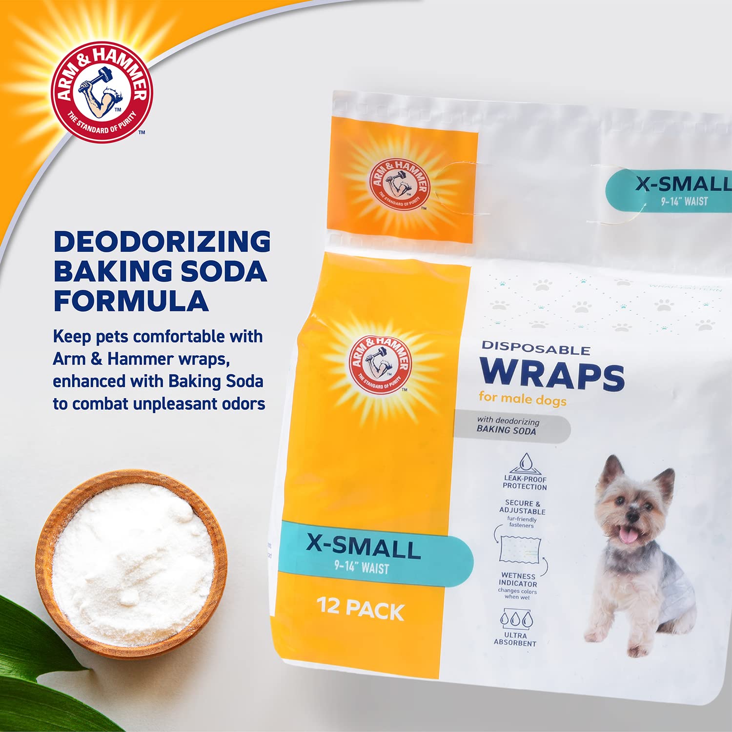 Arm & Hammer for Pets Male Dog Wraps, X-Small 12ct | Super Absorbent Dog Wraps for Male Dogs | Arm & Hammer Baking Soda Enhanced