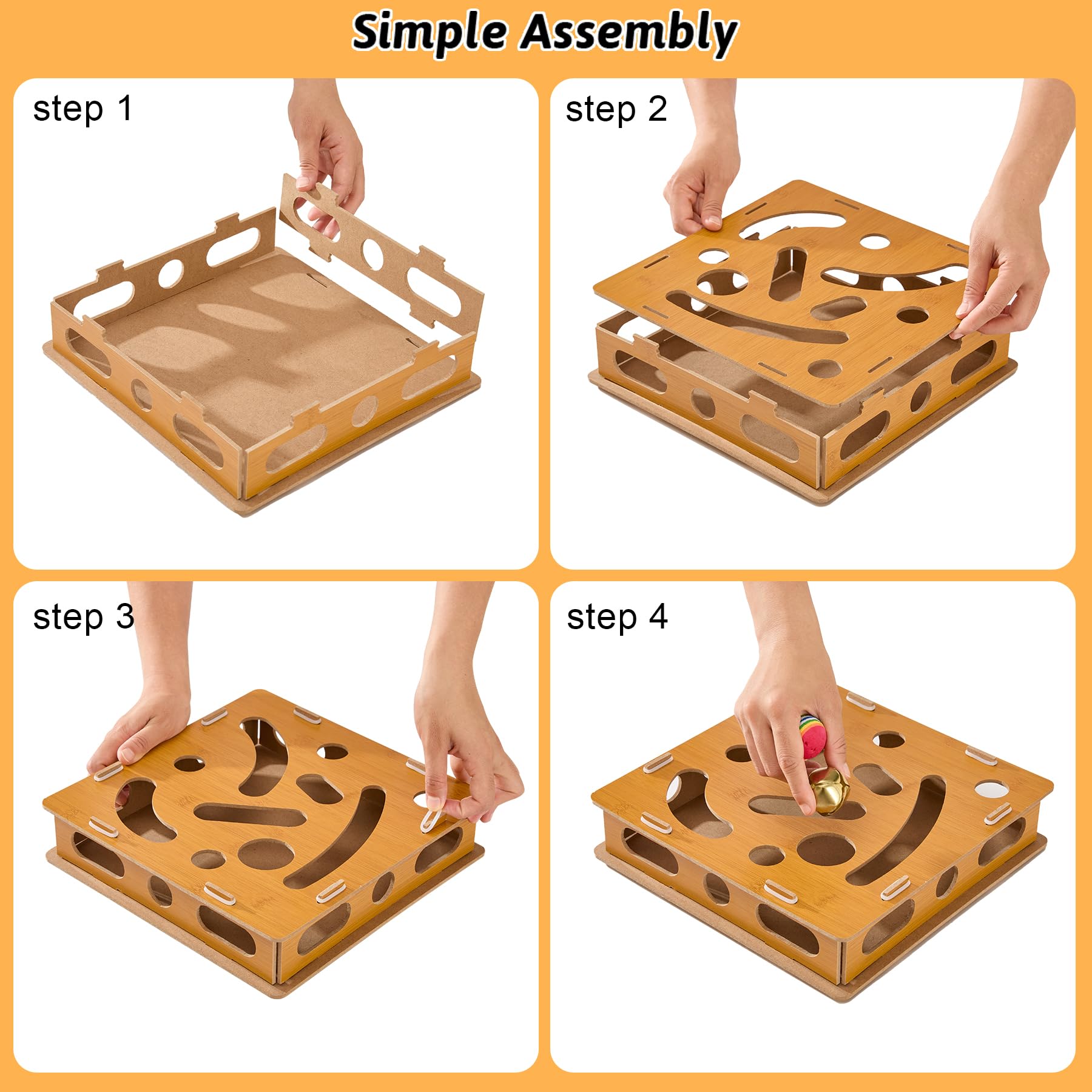 Bininl Interactive Wooden Cat Puzzle Toy with Ball and Bell,Indoor Hunting Play Toy to Stimulate Your Cats Energy and Instincts,