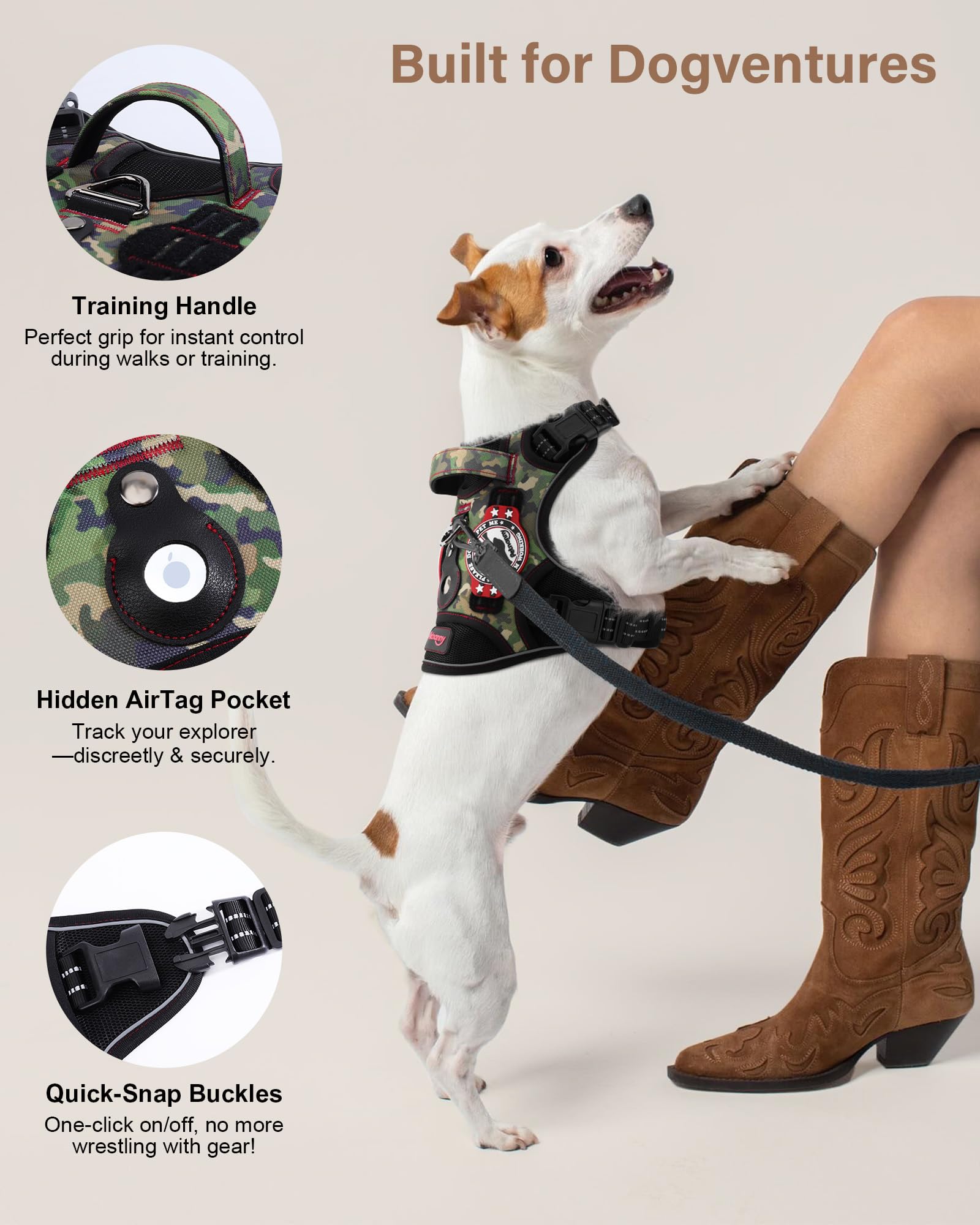 Petnanny No-Pull Tactical Dog Harness - Service Vest for XL Dog w/Reflective Strips, Padded Handle, AirTag Pocket | Escape-Proof
