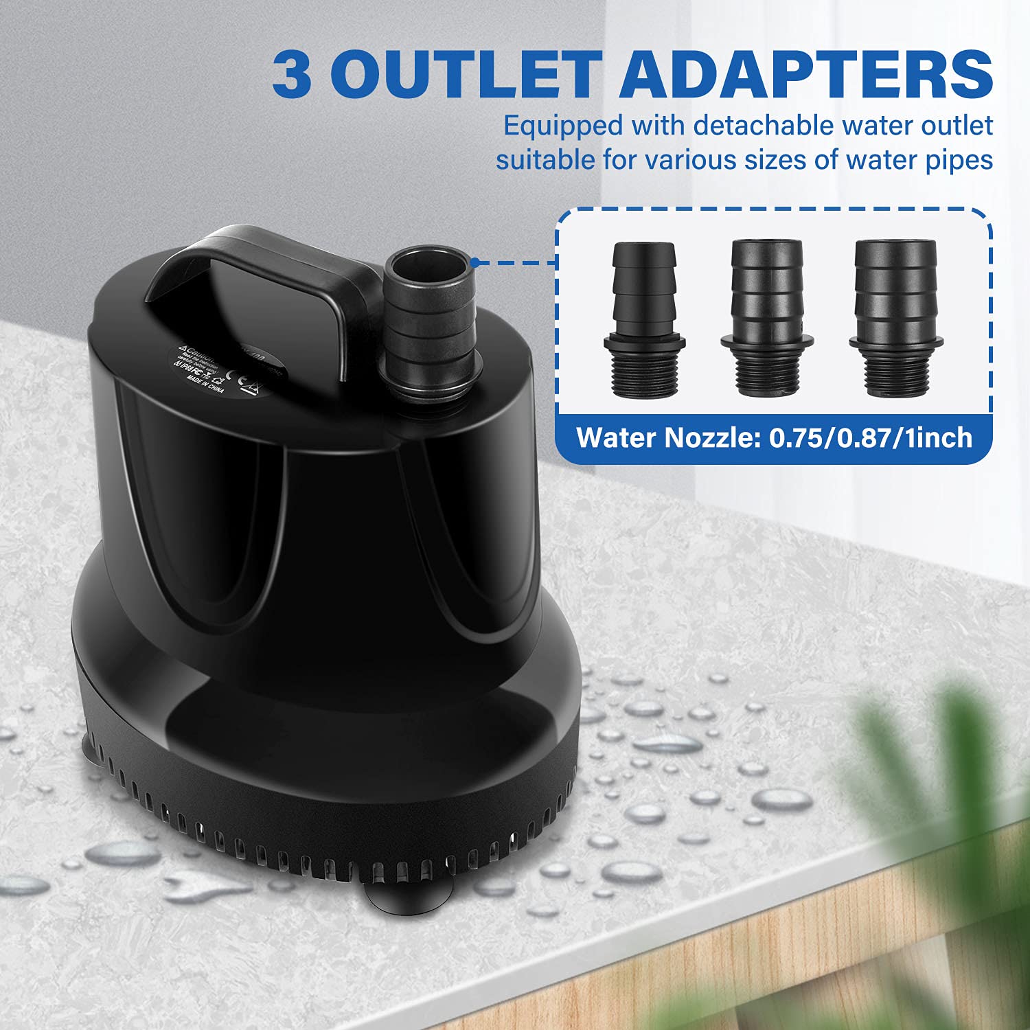 Simple Deluxe 660GPH Bottom Suction Submersible Water Pump (2500L/H, 45W) with 8.2ft High Lift, 3 Nozzles for Fish Tank, Pond, A