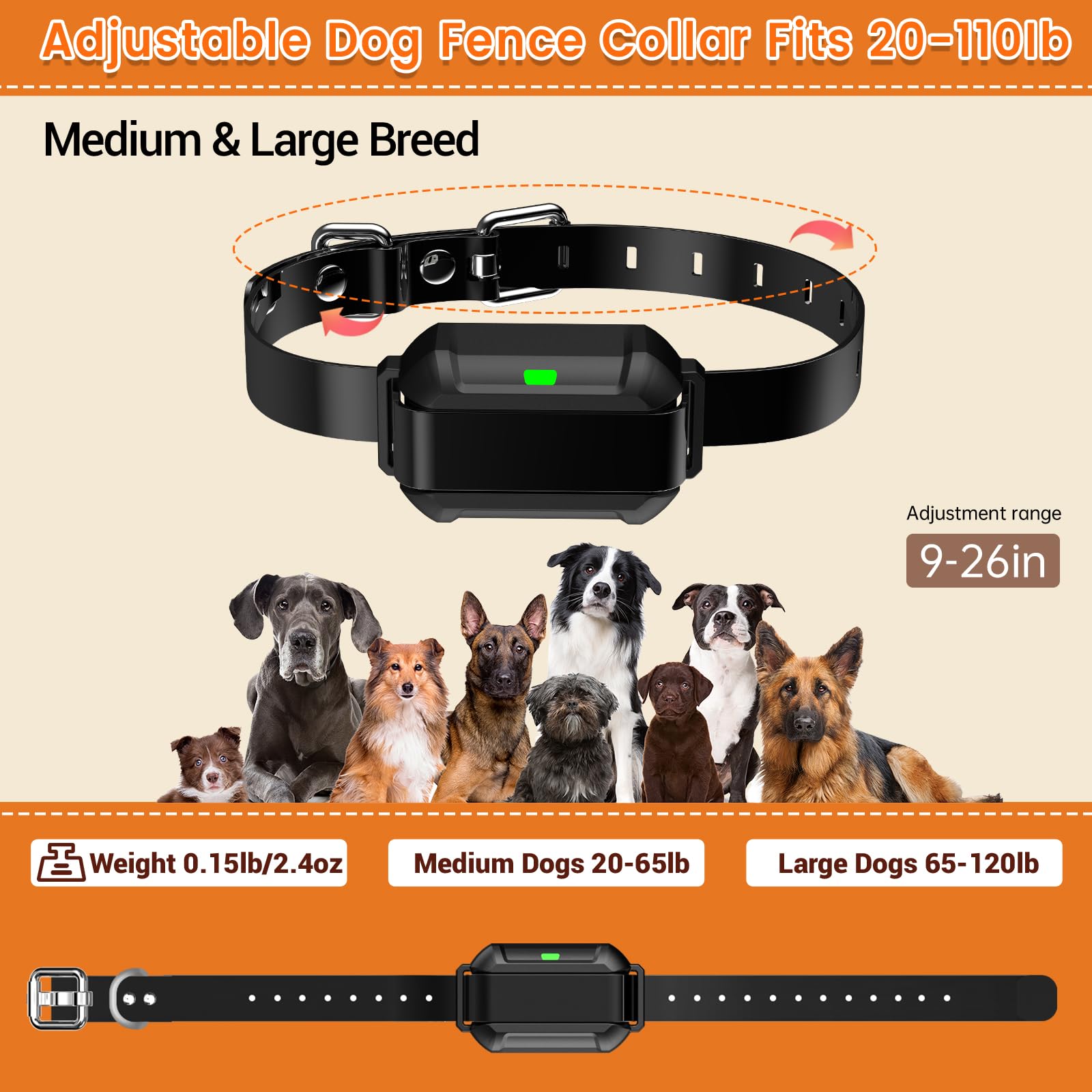 Pethey Wireless Dog Fence Collar For Medium& Large Breed, 9-26In/20-110Lb Adjustable, Rechargeable, Ipx7 Waterproof, Only Match
