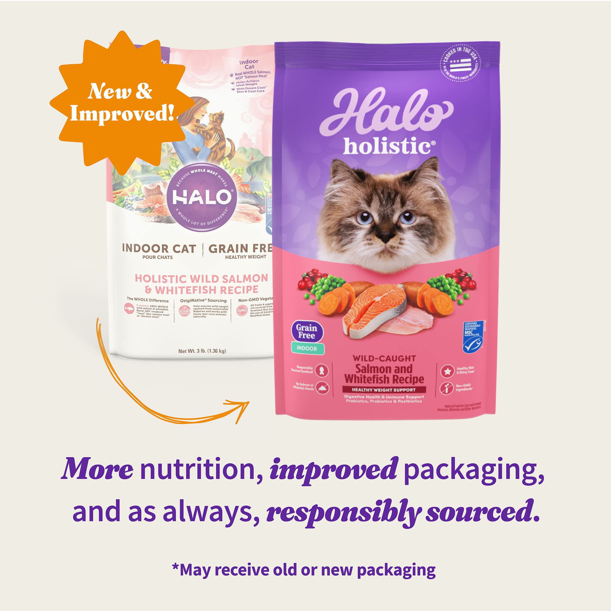 Halo Holistic Cat Food Wild Caught Salmon & Whitefish Formula, Grain Free Dry Cat Food, For Healthy Weight Support, Kibble for I