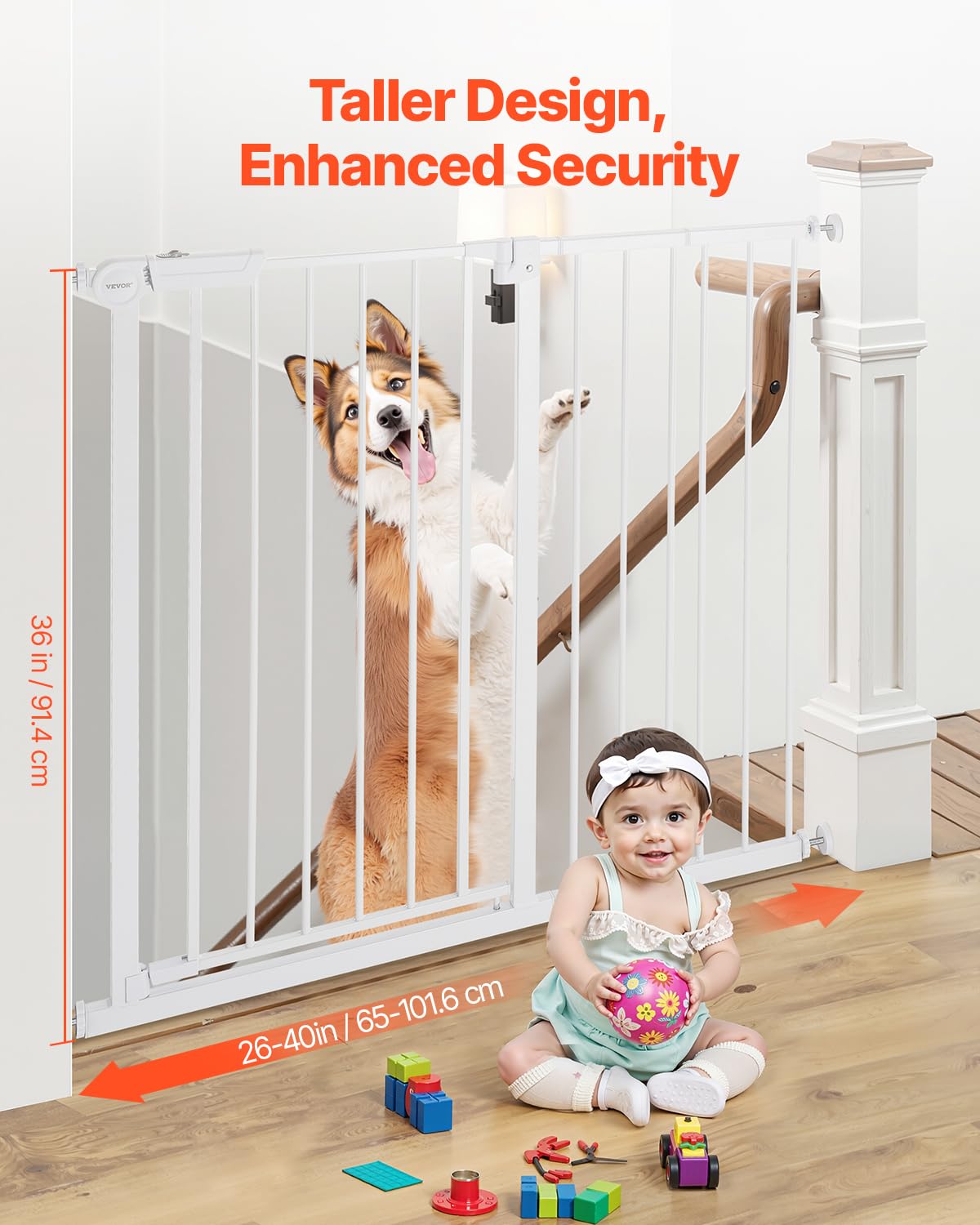 VEVOR Baby Gate, 26-40 Inches Adjustable Width, 36 Inches High Dog Gate, Easy Step Walk Thru, for Child Pet Security, Pressure M