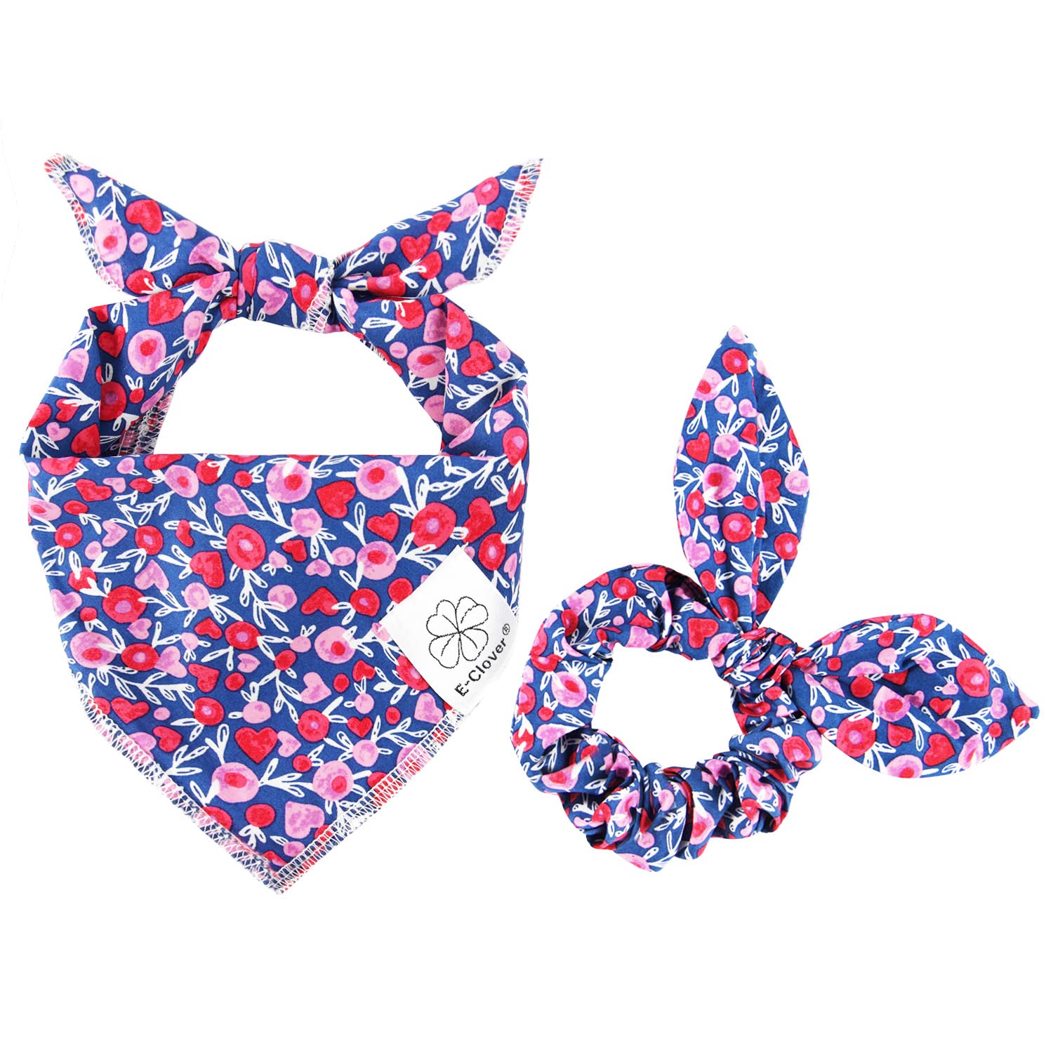 E-Clover Cute Girl Dog Bandanas & Matching Scrunchie Set Heart Dog Bandana Scarf With Bow Hair Ties For Small Puppy Dogs Pet Own