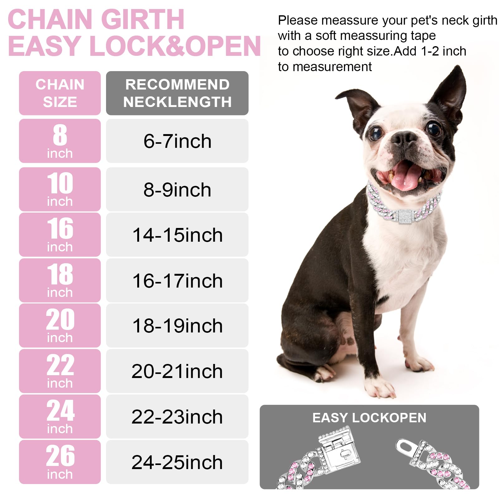 Wimupath Silver-Plated Pink Diamond Dog Collar - Cuban Style Metal Chain With Secure Buckle, Luxury Durable Collar For Small/Med