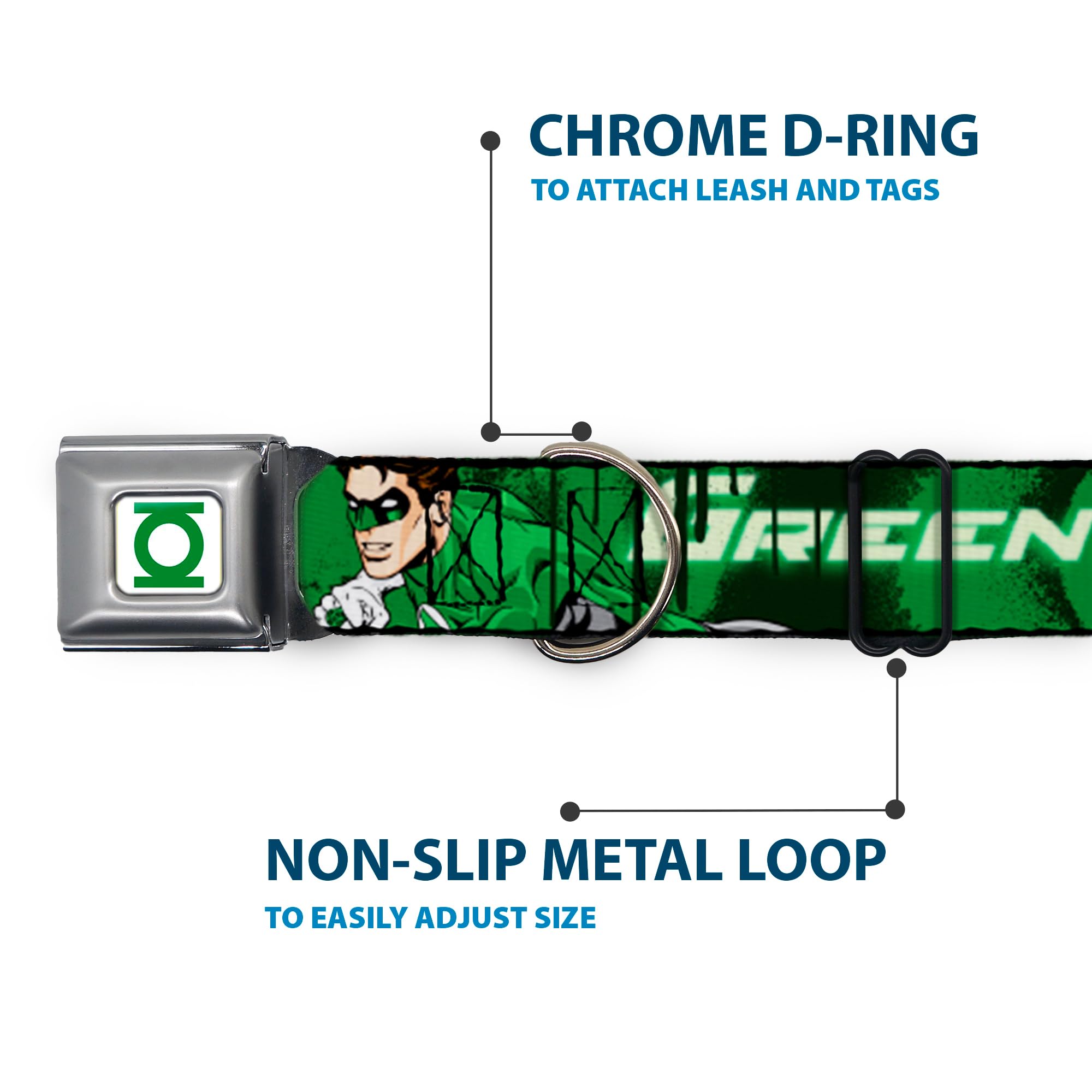 Buckle-Down Seatbelt Buckle Dog Collar - Green Lantern Green Glow W/Text - 1.5' Wide - Fits 16-23' Neck - Medium