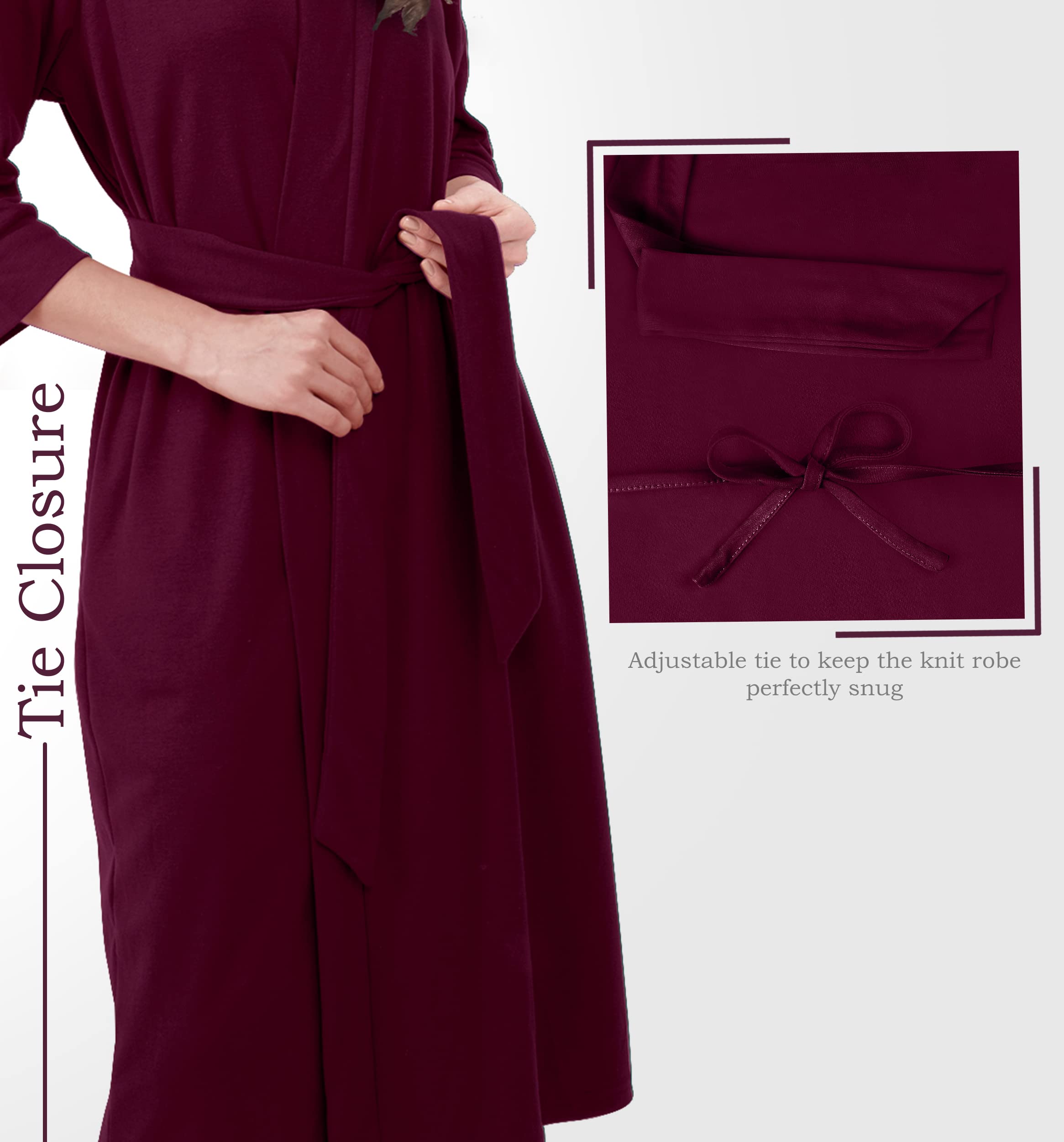 Ny Threads Luxurious Women Knit Robe Kimono Cotton Blend Bathrobe Ladies Loungewear Sleepwear (Medium, Purple Red)