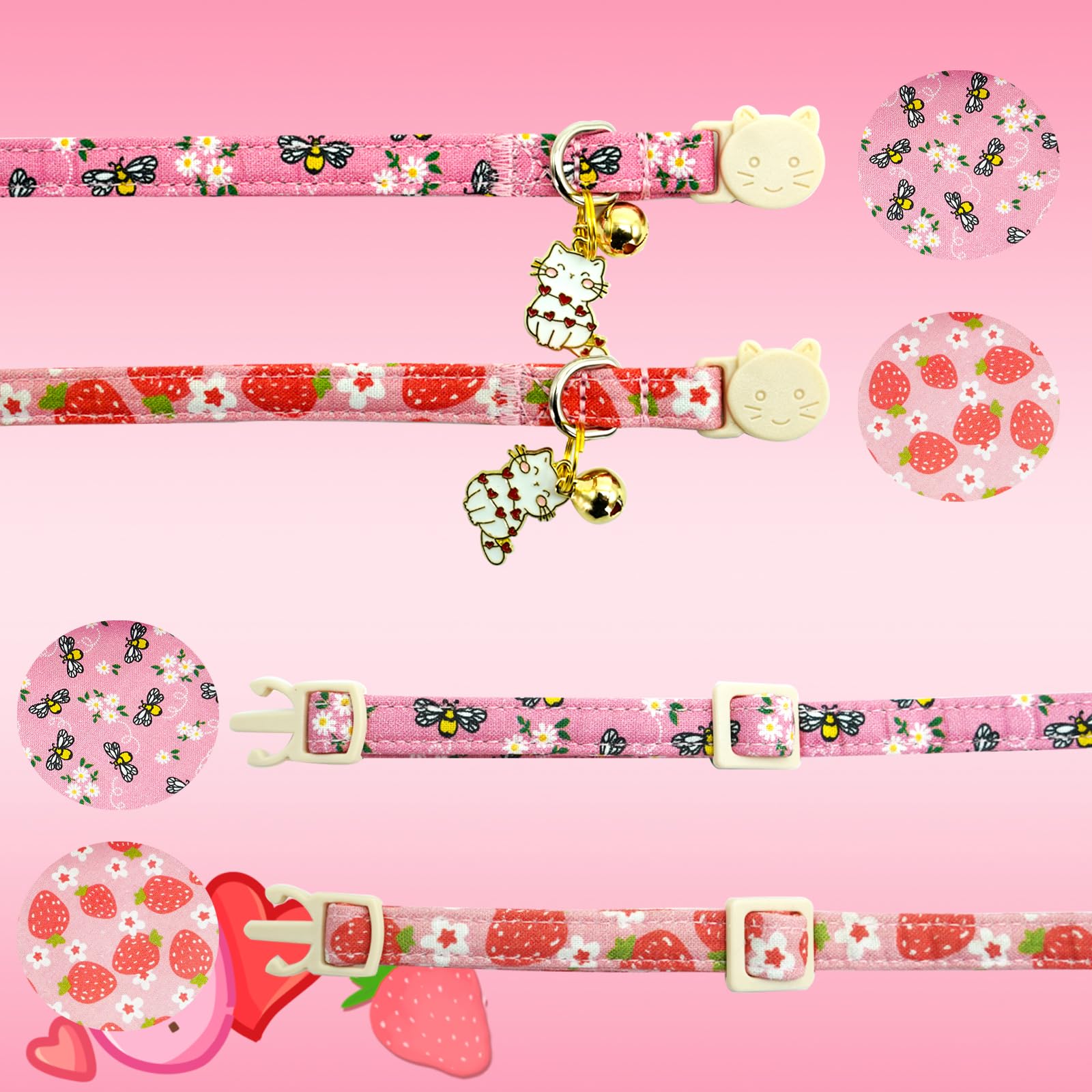 Elegant Little Tail 2 Pack Cat Collar-Pink Print Cotton Breakaway Cat Collars With Bell Pendant Kitten Boy Girl Safety Adjustabl