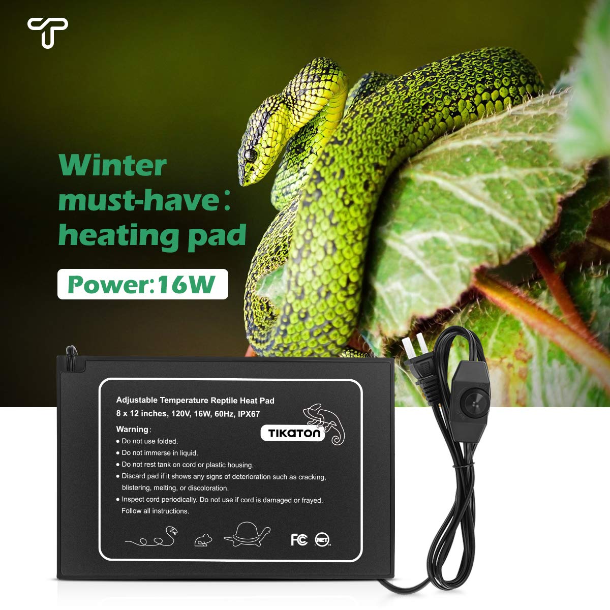 Tikaton Reptile Heat Pad - Adjustable Temperature Under Tank Heater For 10-20Gal/30-40Gal Tank, Terrarium Heat Mat For Turtle/Sn