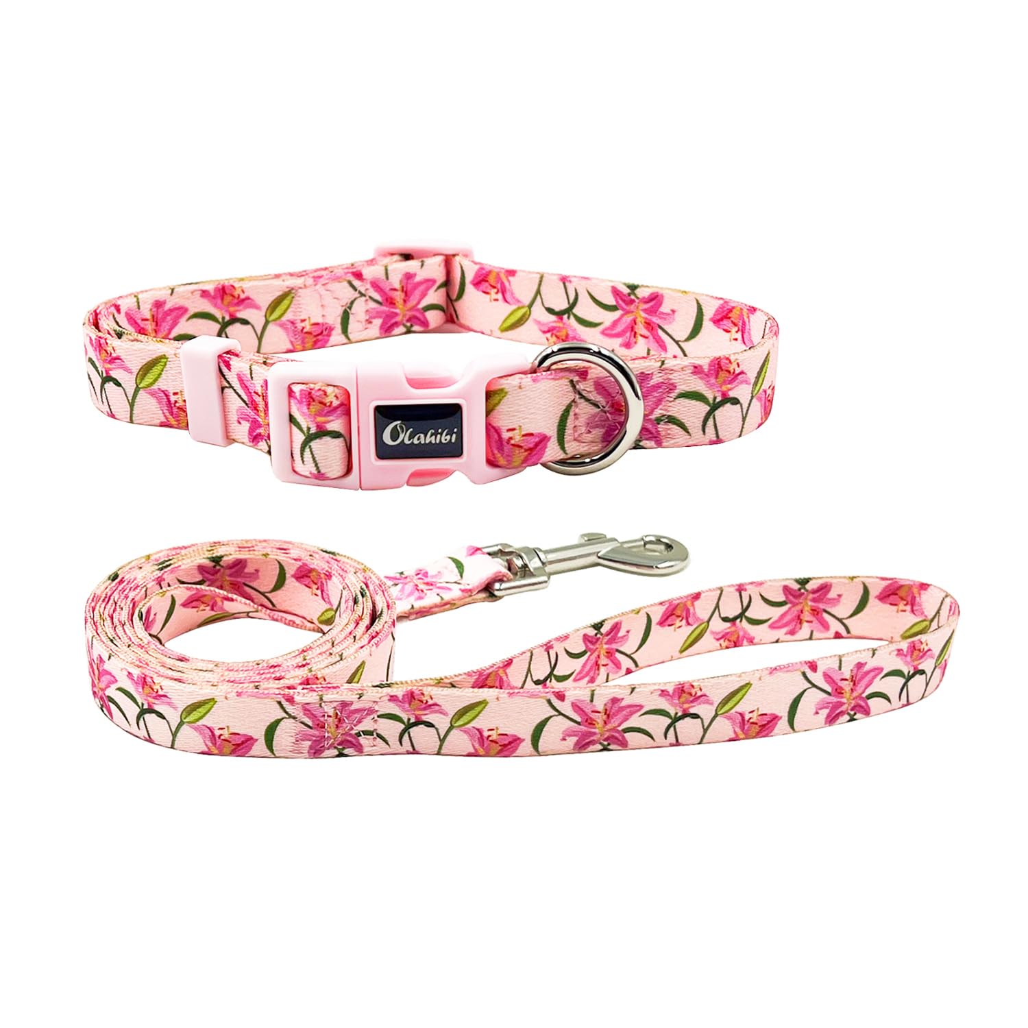 Olahibi Dog Collar And Leash Set, Lily Floral Pattern, Polyester Material, 5Ft Leash, For Medium Dogs.(M, Pink Lily)