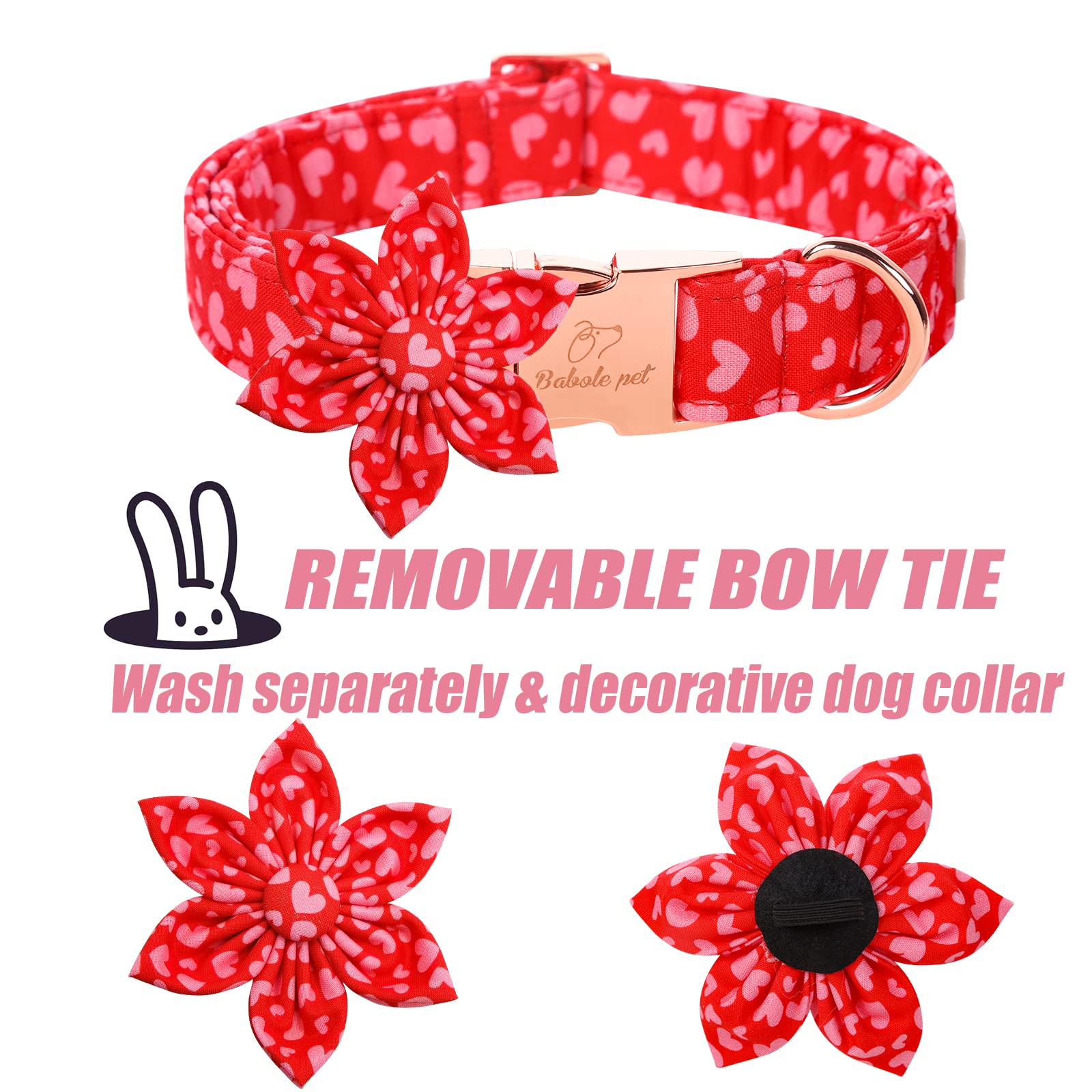 Babole Pet Valentine'S Day Dog Collar With Flower Tie, Pink Red Love Male Dog Collar With Safety Metal Buckle Adjustable Puppy Collars For Small Medium Large Boy & Girl Dog,Xl-Neck 16'-26'