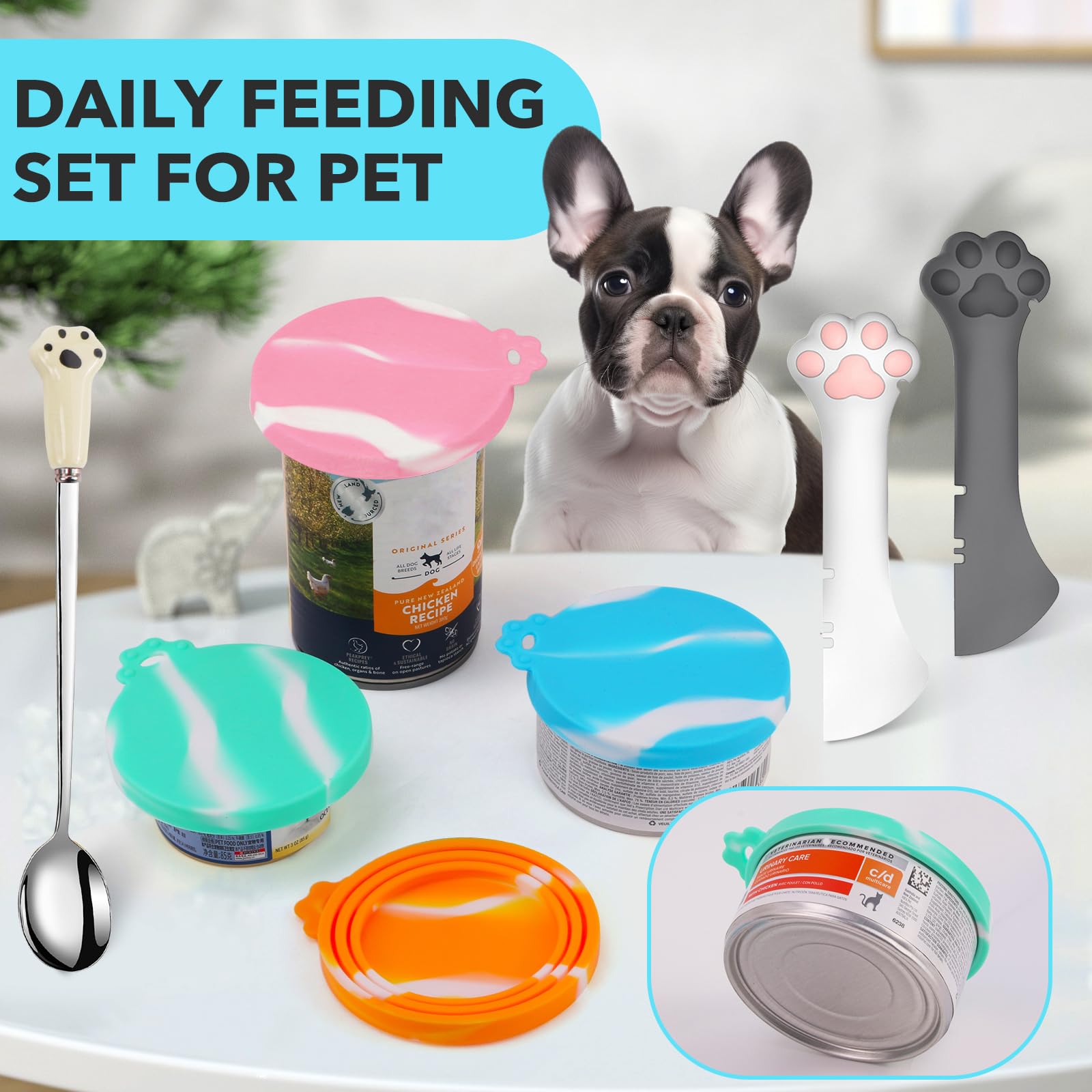 Comtim 5 PCS Pet Food Can Lids & Spoons Set - Silicone Dog Cat Food Can Covers Lids Top/Multi-Function Cat Food Spoon Spatula Ca