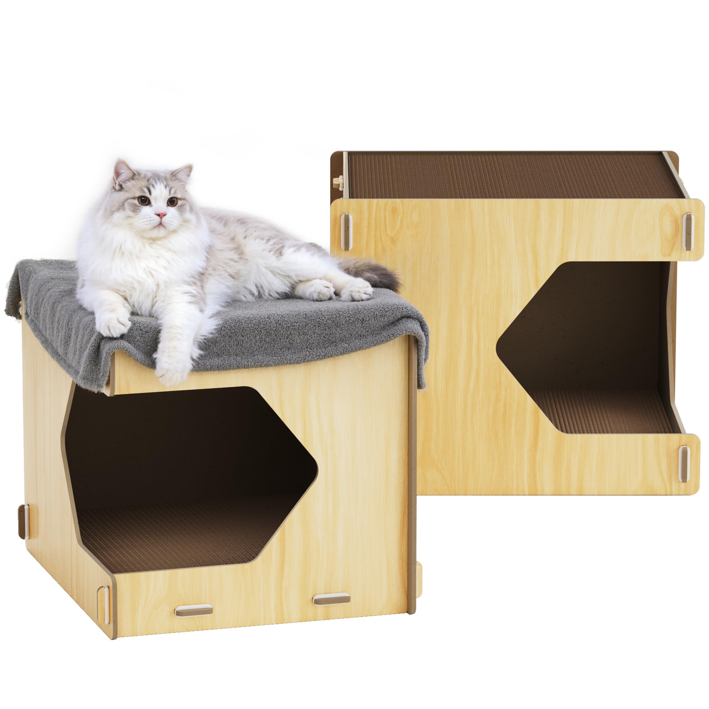 Adolug Wooden Cat House Corrugated Cat Scratch Board, Removable Scratching Pad With Buckle Design, Durable, Easy To Clean, No Od