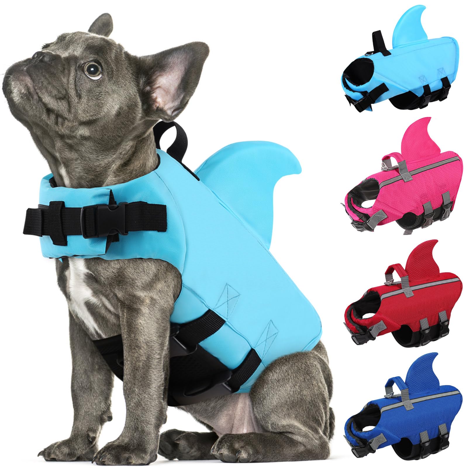 Sunfura Medium Dog Life Jacket, Shark Fin Pet Swimming Vest For Boating, Puppy Life Preserver With High Buoyancy & Rescue Handle, French Bulldog Lifesaver Swimsuit For Medium Dogs, Blue M