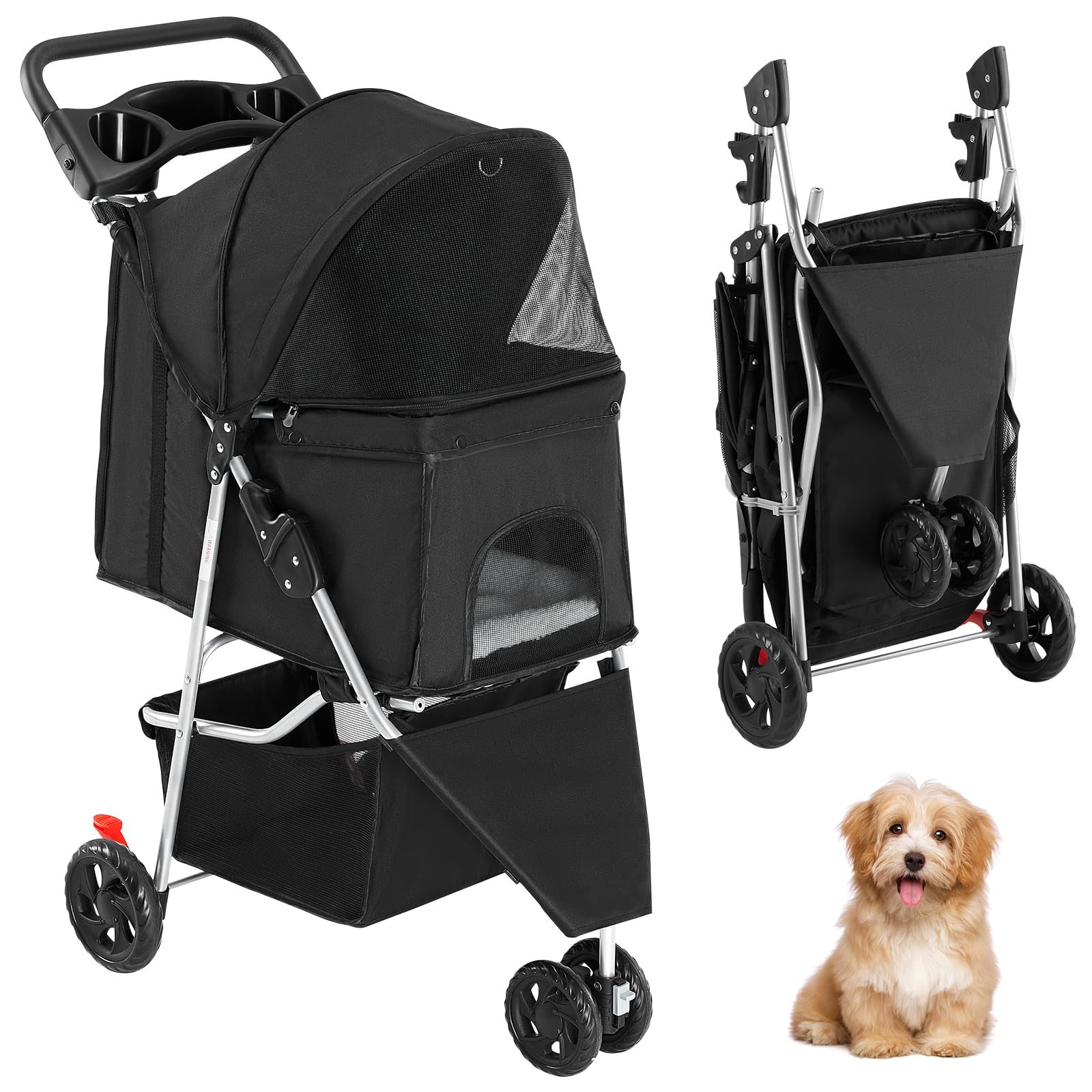 KMFurnila 3 Wheel Pet Stroller for Dogs, Cats Stroller with Storage Basket and Cup Holders, Foldable, Lightweight and Durable, I